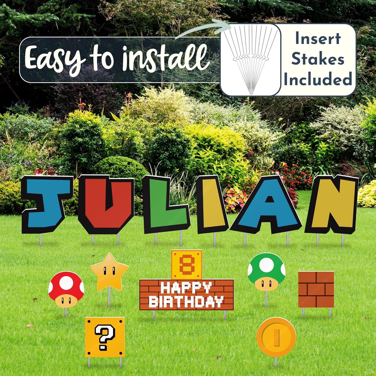Personalized Happy Birthday Yard Sign & Matching Icons - 2 Sizes, 16 Themes - Outdoor Birthday Decorations for Boys/Girls - Birthday Yard Sign with Stakes - Mario