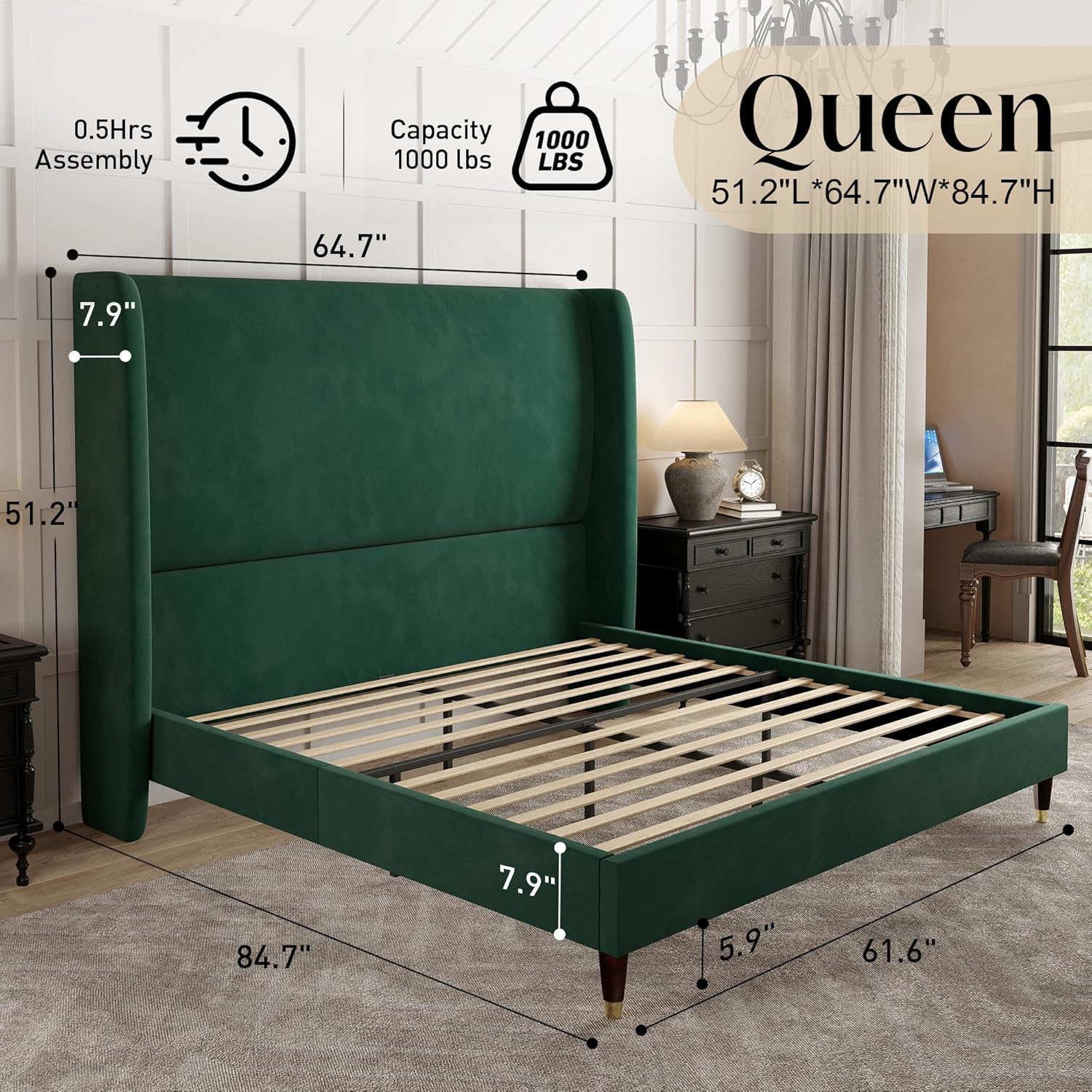 PaPaJet Queen Size Bed Frame High 51.2" Wingback Headboard, Upholstered Modern Tall Platform Beds, Solid Wood Legs, Easy Assembly, No Box Spring Needed, Soft Velvet Bedroom Furniture,Green