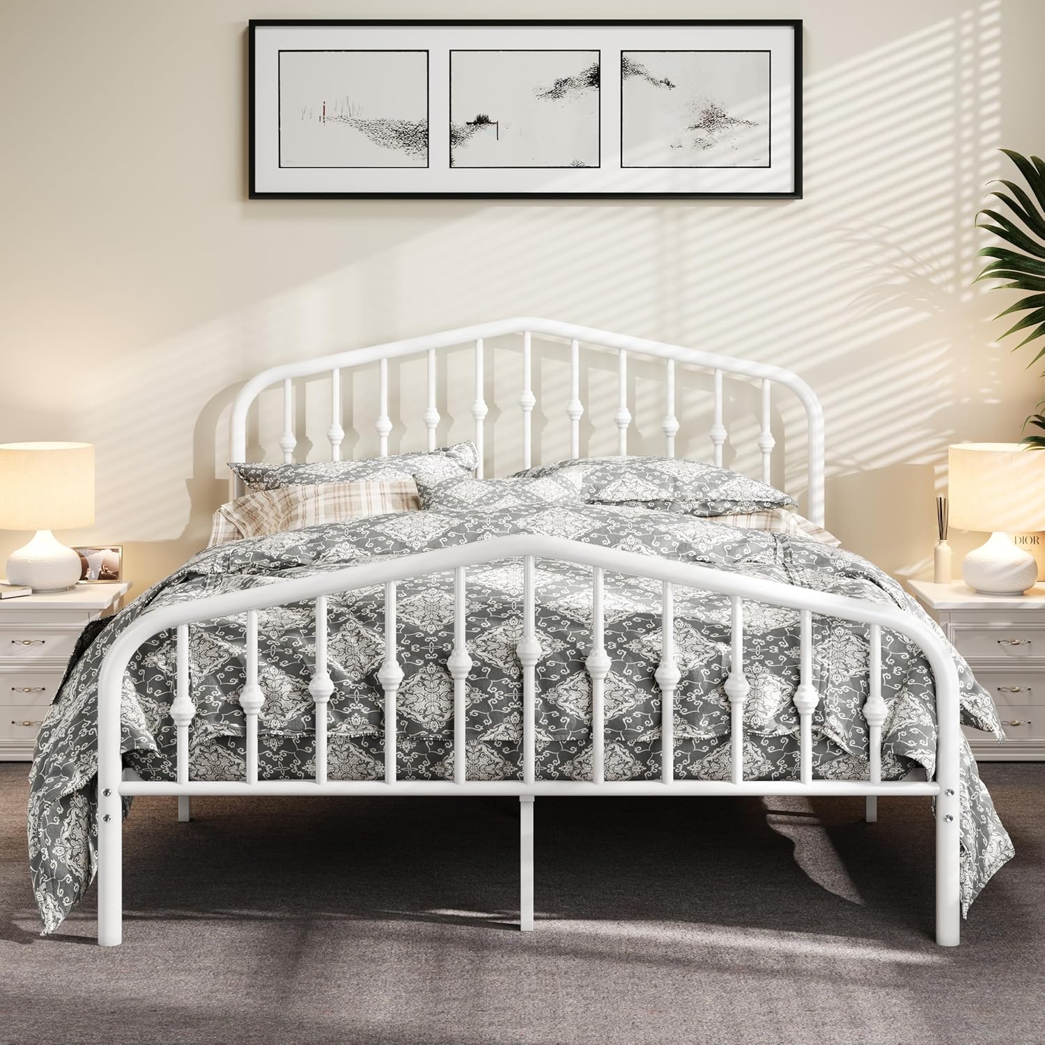 Allewie Full Size Metal Platform Bed Frame with Vintage Headboard and Footboard, No Box Spring Needed, Easy Assembly, White