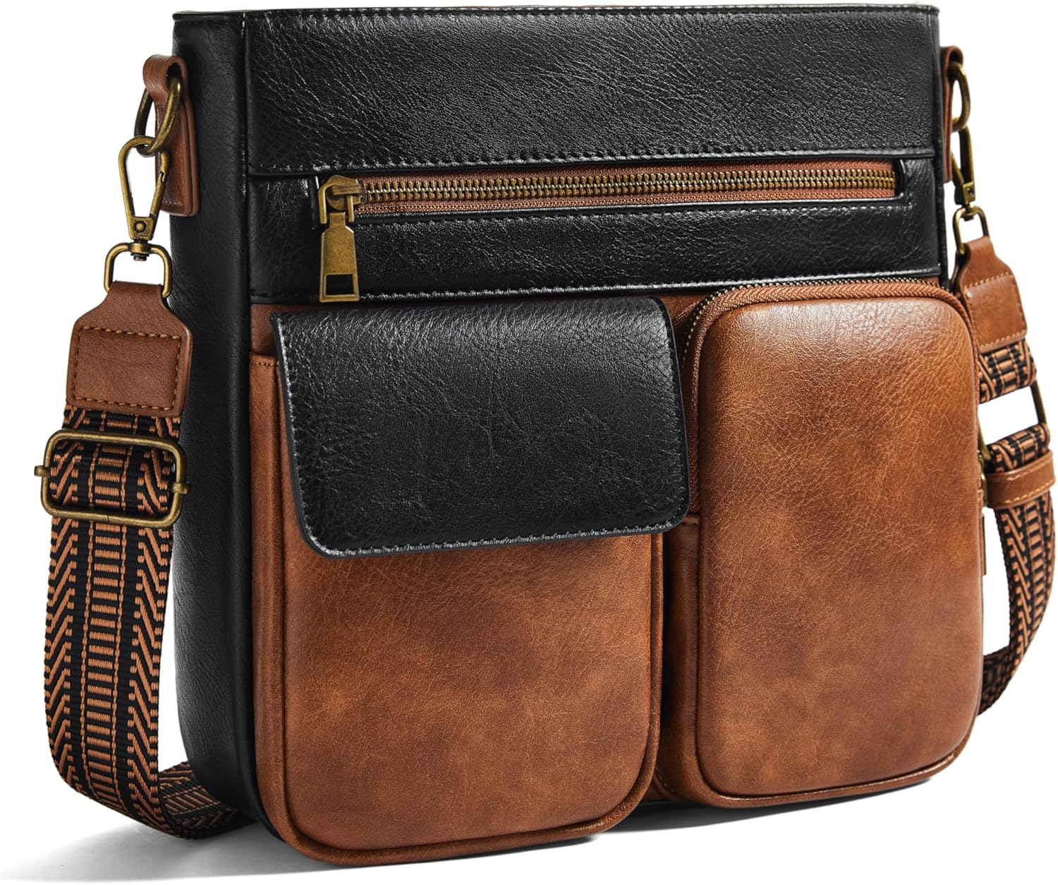 Yarnic Crossbody Bags for Women, Multi Pocket Crossbody Purse Vegan Leather Shoulder Handbags with Guitar Strap