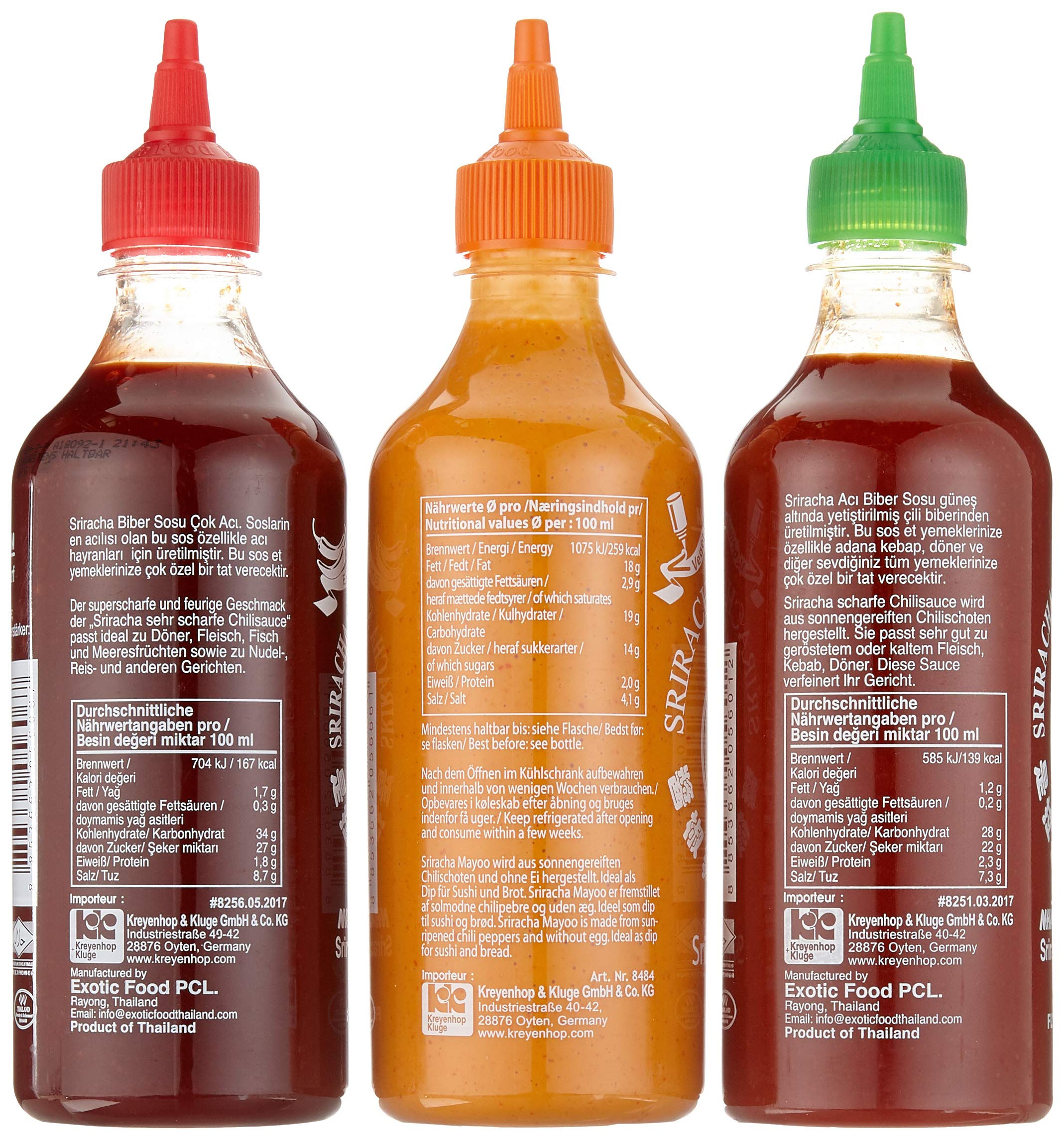 FLYING GOOSE Sriracha scharfe Chilisaucen Mischkarton (in 3 Geschmacksrichtungen, Würzsauce aus Thailand) 12er Pack à 455 ml (5 x scharf , 4 x sehr scharf , 3x Mayoo)