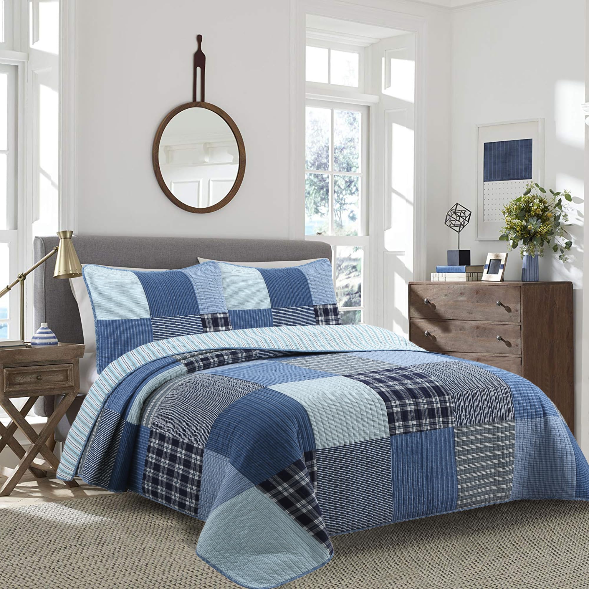 Cozy Line Home Fashions Navy Blue Plaid Patchwork Boy 100% Cotton Reversible Quilt Bedding Set, All-Season Coverlet Bedspread (Douglas, Twin - 2 Piece)