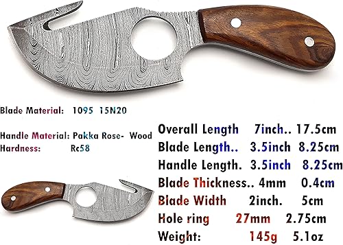 Miniatura 3 de Bushcraft Cuchillo de caza hecho a mano de acero de Damasco con hoja fija con gancho intestinal, mejor para acampar al aire libre, desollador,