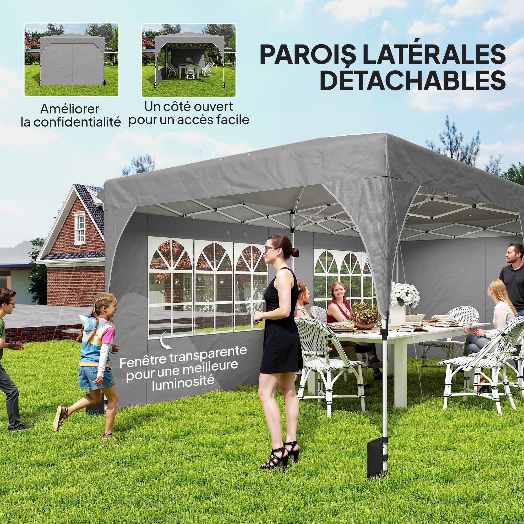 Outsunny Tonnelle de Jardin 3 x 6 m Pop up Tente Pliante Imperméable Gris