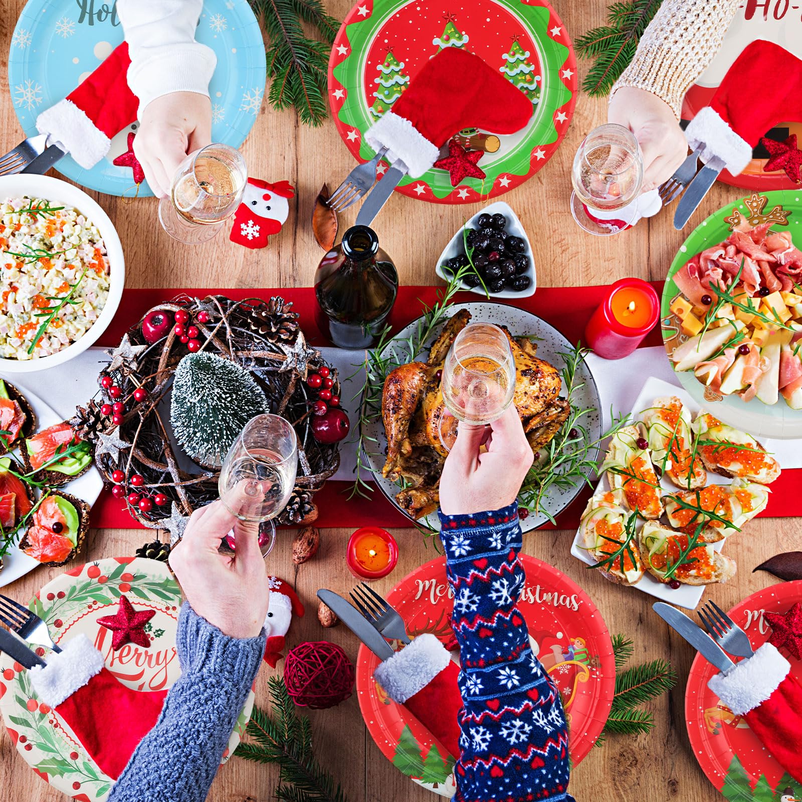 Sliner 120 platos desechables de papel para postre, Papá Noel, muñeco de nieve, corona de Navidad, reno, hombre de jengibre, para suministros de fiesta de Navidad, decoraciones de fiesta de Navidad, 6