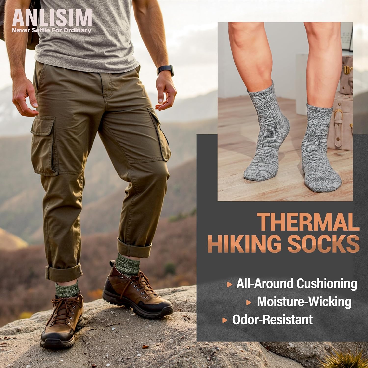 Anlisim Merino Wool Warm Boot Hiking Socks Thermal Extra Thick Winter Cozy Crew Comfy Cushioning Work Women Men Socks 4 Pairs - Image 4