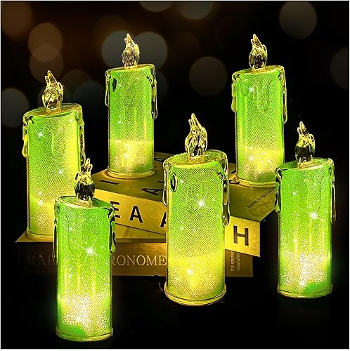 HAIDOLIANG 6 velas LED verdes sin llama (2.2 pulgadas de profundidad x 6.1 pulgadas de alto), velas LED de pilar, batería incluida, velas