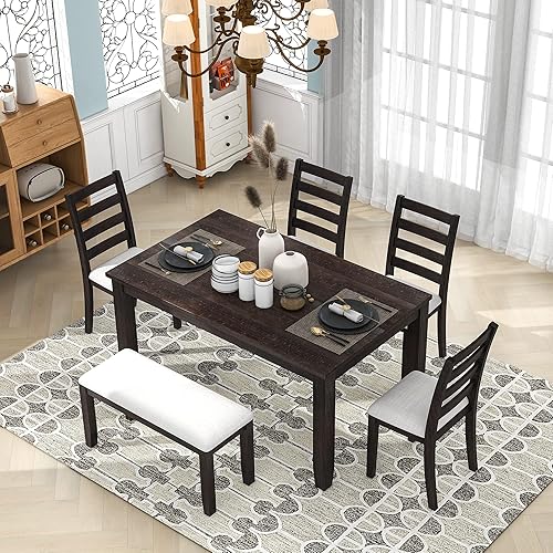 Merax Dining Table Sets, 6 Piece Dining Table and Chairs Set with Bench, Dining Room Kitchen Table Set, Home Furniture Dining Set, Espresso+Beige