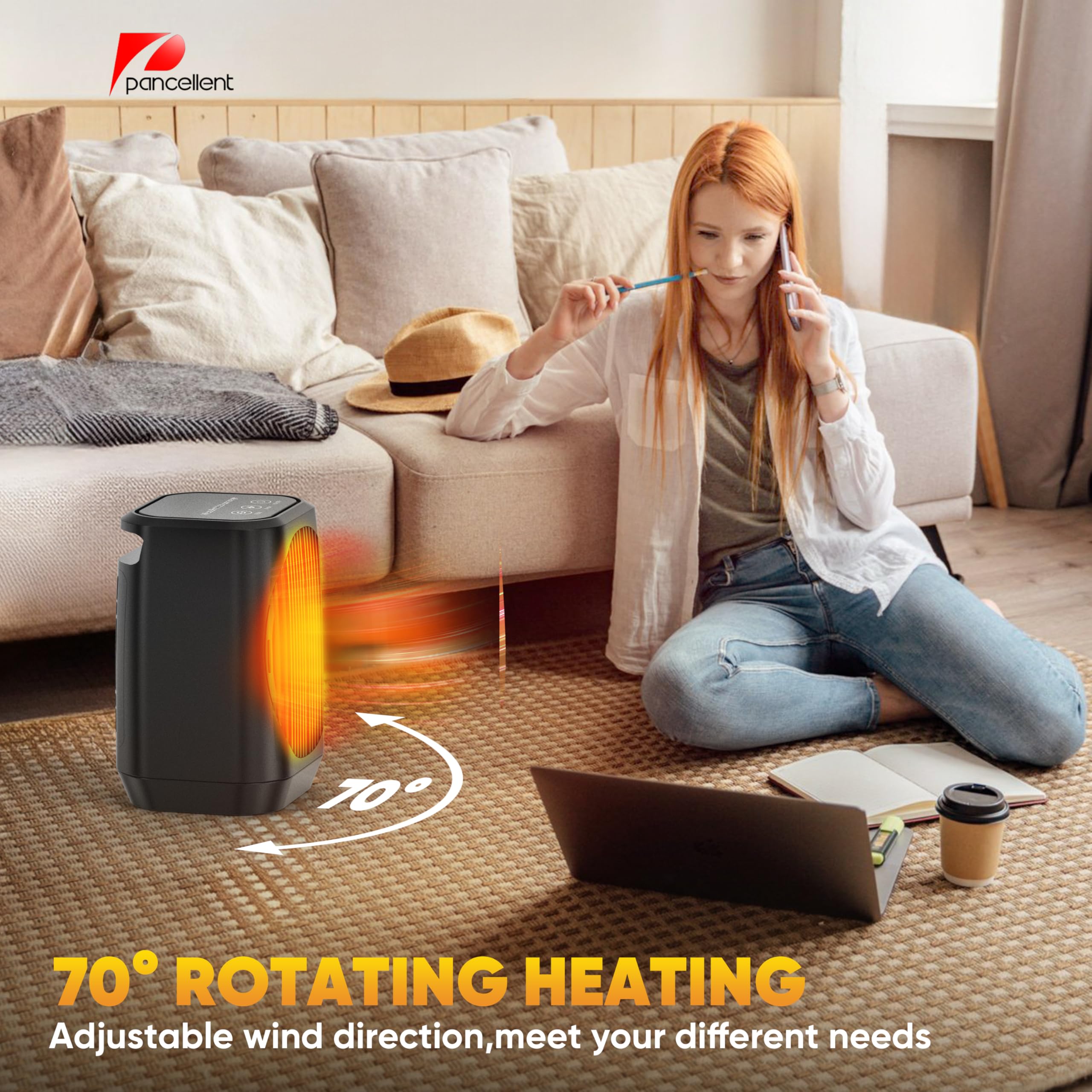 Pancellent Chauffage électrique Portable Oscillant à 70°,Petit Radiateur en Céramique PTC 1200W Avec 3 Modes,Mini Ventilateur de Chauffage/Refroidisseur pour Bureau,Chambre à Coucher, Intérieur (noir)