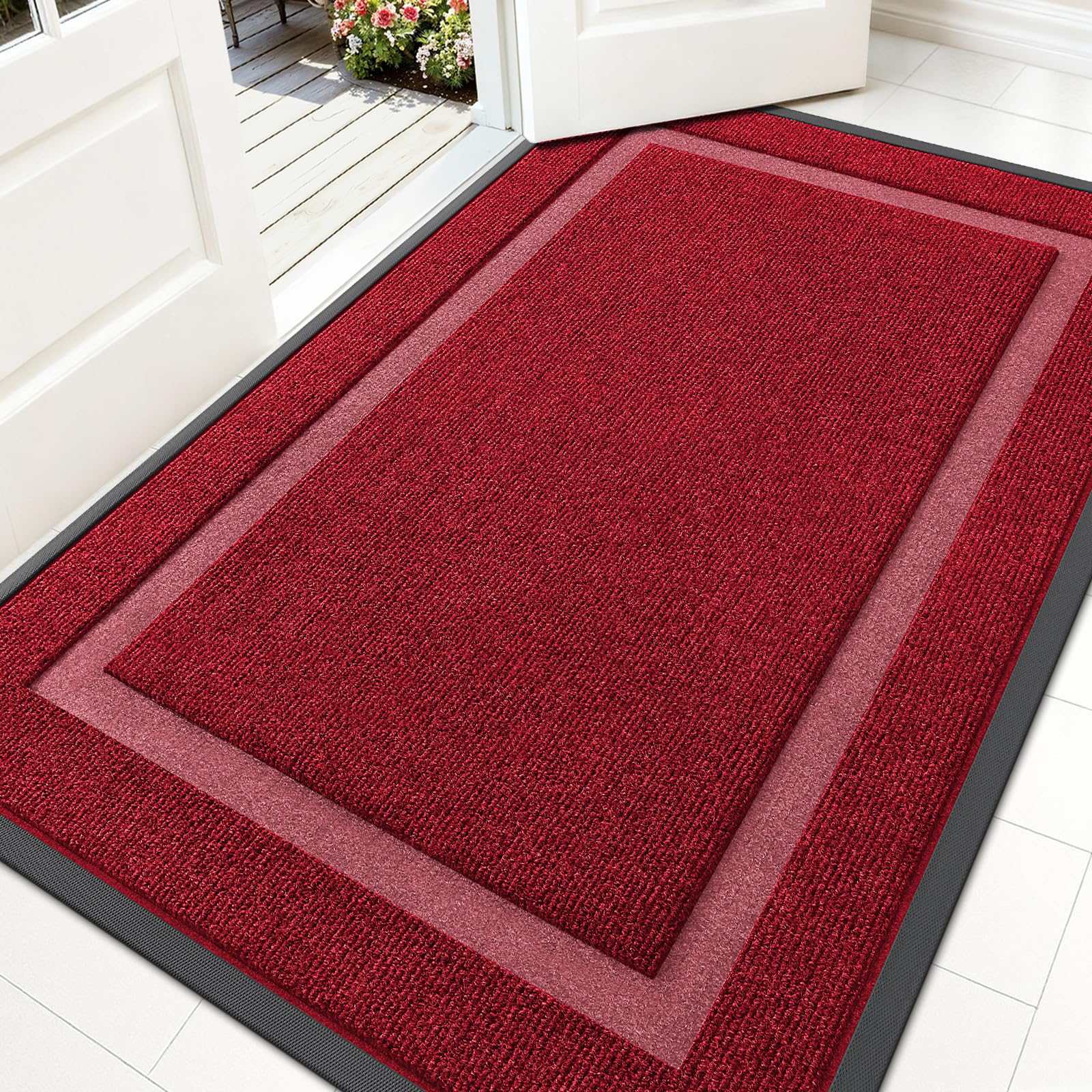 OLANLY Front Door Mat Outside 59x34, All-Season Heavy-Duty Rubber Doormat | Wine Red, Absorbent, Stain and Fade Resistant, Waterproof Non-Slip Backing, Low-Profile Indoor Outdoor Floor Mat for Entryway