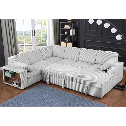 ERYE Oversized U-Shaped Pull Out Sleeper Couch Bed, Modern U Shaped Sleeper Sectional Sofa Corduroy Corner Convertible Sofa Bed with Storage Chaise Lounge and Cabinet