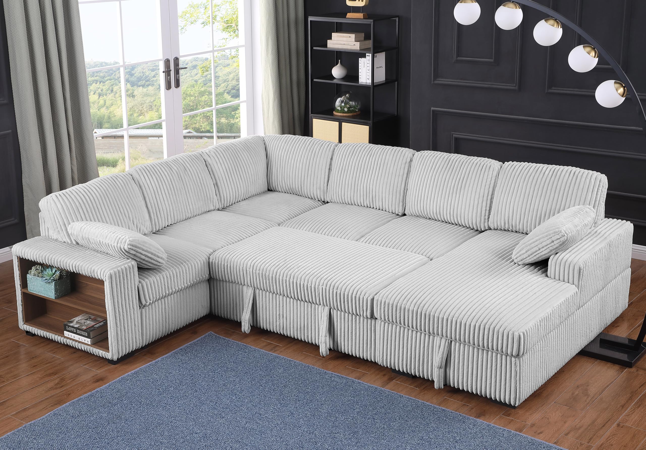 ERYE Oversized U-Shaped Pull Out Sleeper Couch Bed, Modern U Shaped Sleeper Sectional Sofa Corduroy Corner Convertible Sofa Bed with Storage Chaise
