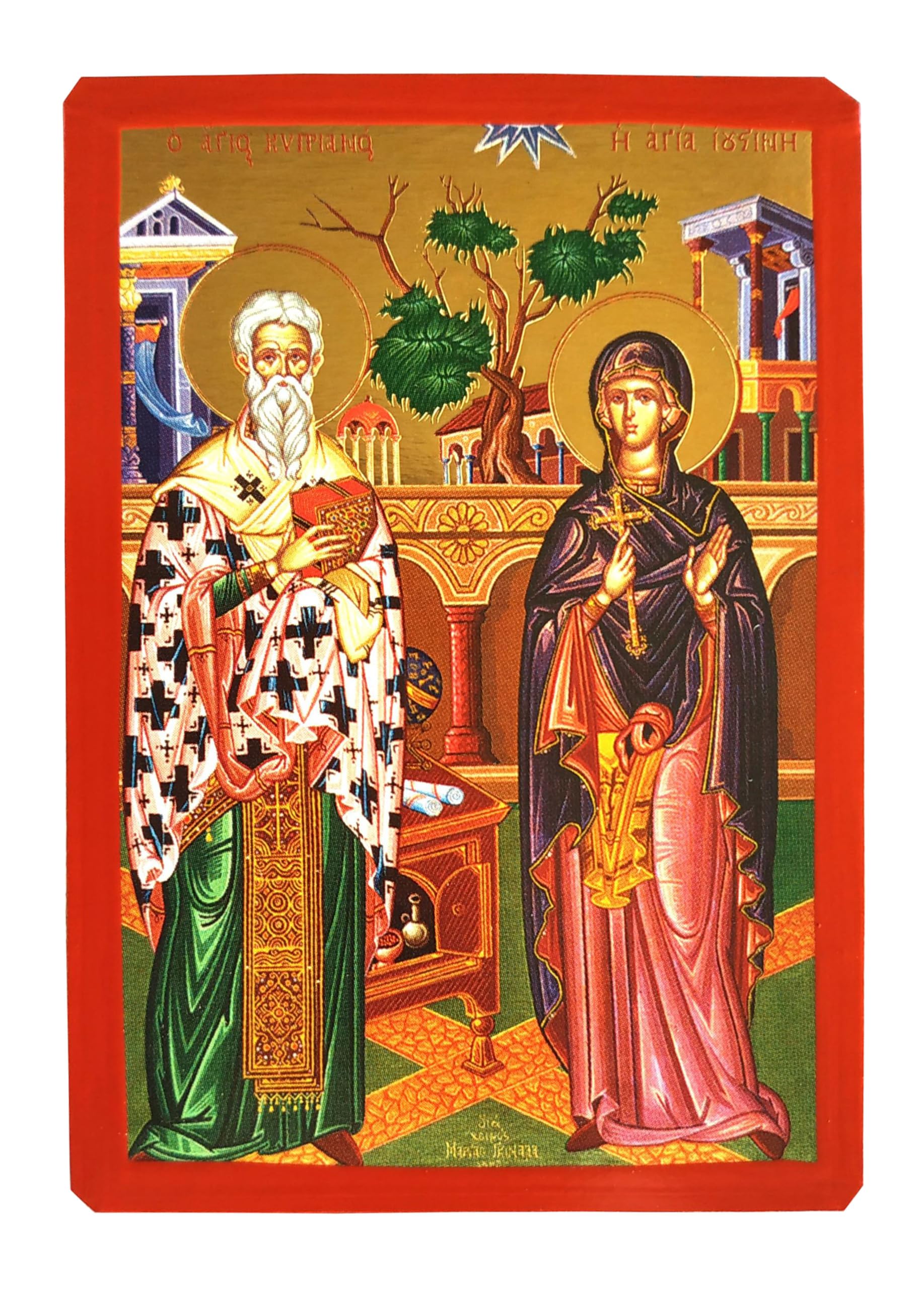 SAINTS CYPRIAN, HIEROMARTYR, BISHOP OF CARTHAGO AND JUSTINA, VIRGIN-MARTYR, OF NICOMEDIA, FULL BODY - Greek Byzantine Orthodox Icon