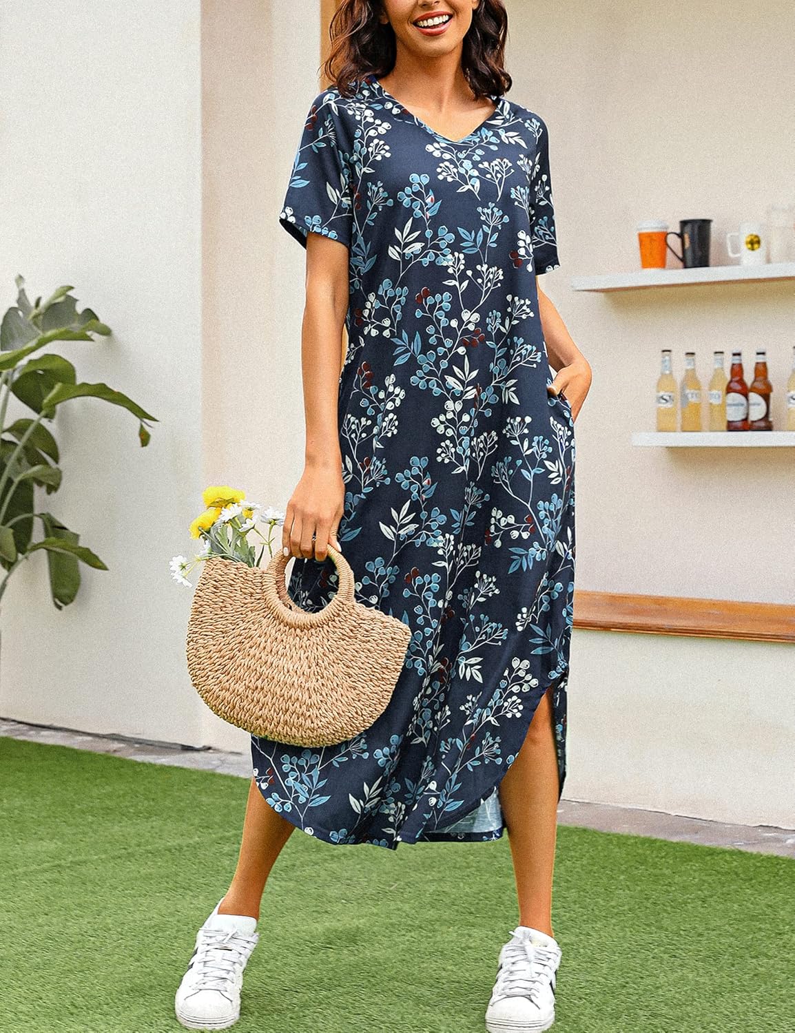 Marvmys Women Short Sleeves Long Nightgown Super Soft Sleepwear Comfy V Neck Cotton Nightshirts with Pocket - Image 4