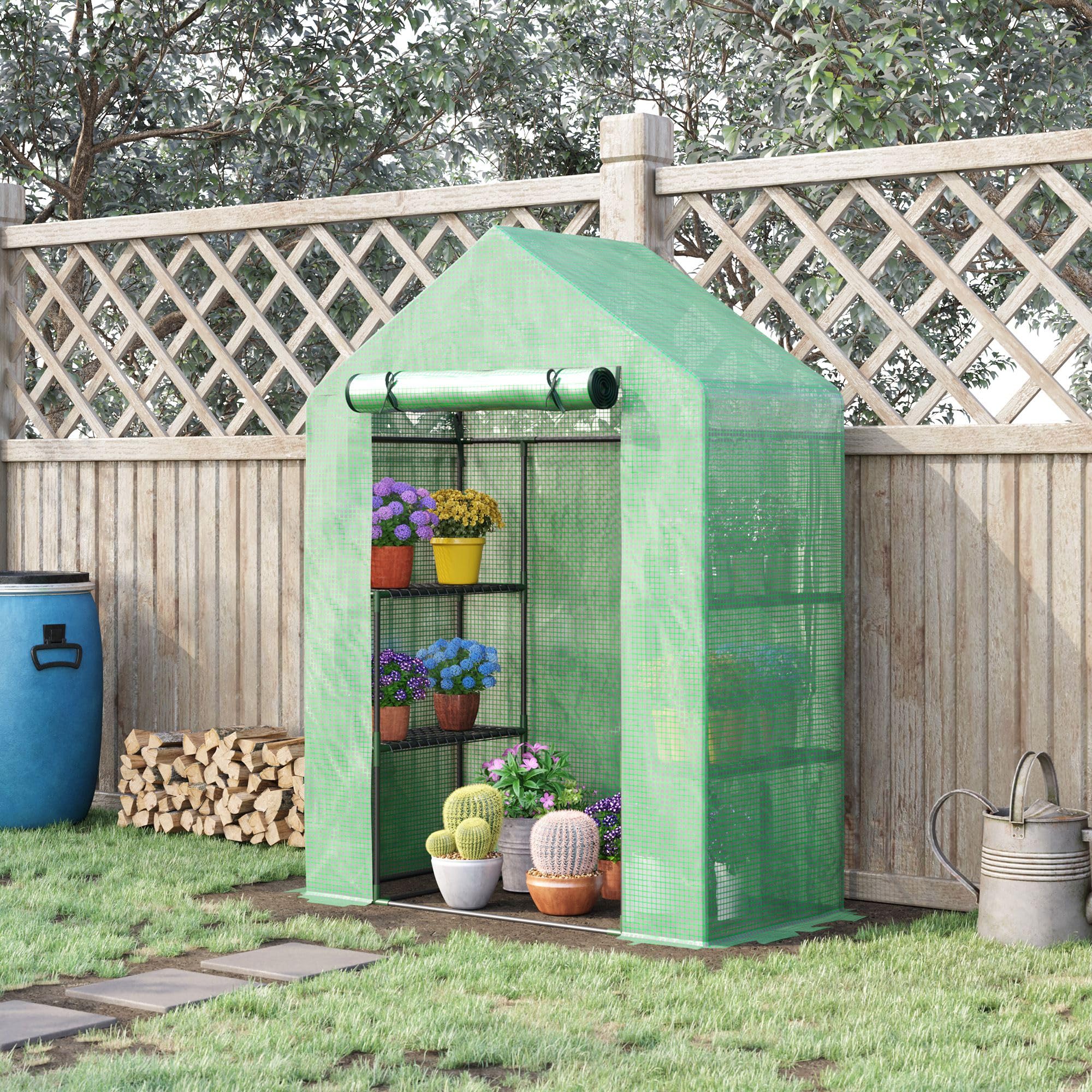 Outsunny Serra da Esterno con 4 Ripiani, Funi e Picchetti, in Acciaio e Plastica PE, 141x72x191 cm, Verde