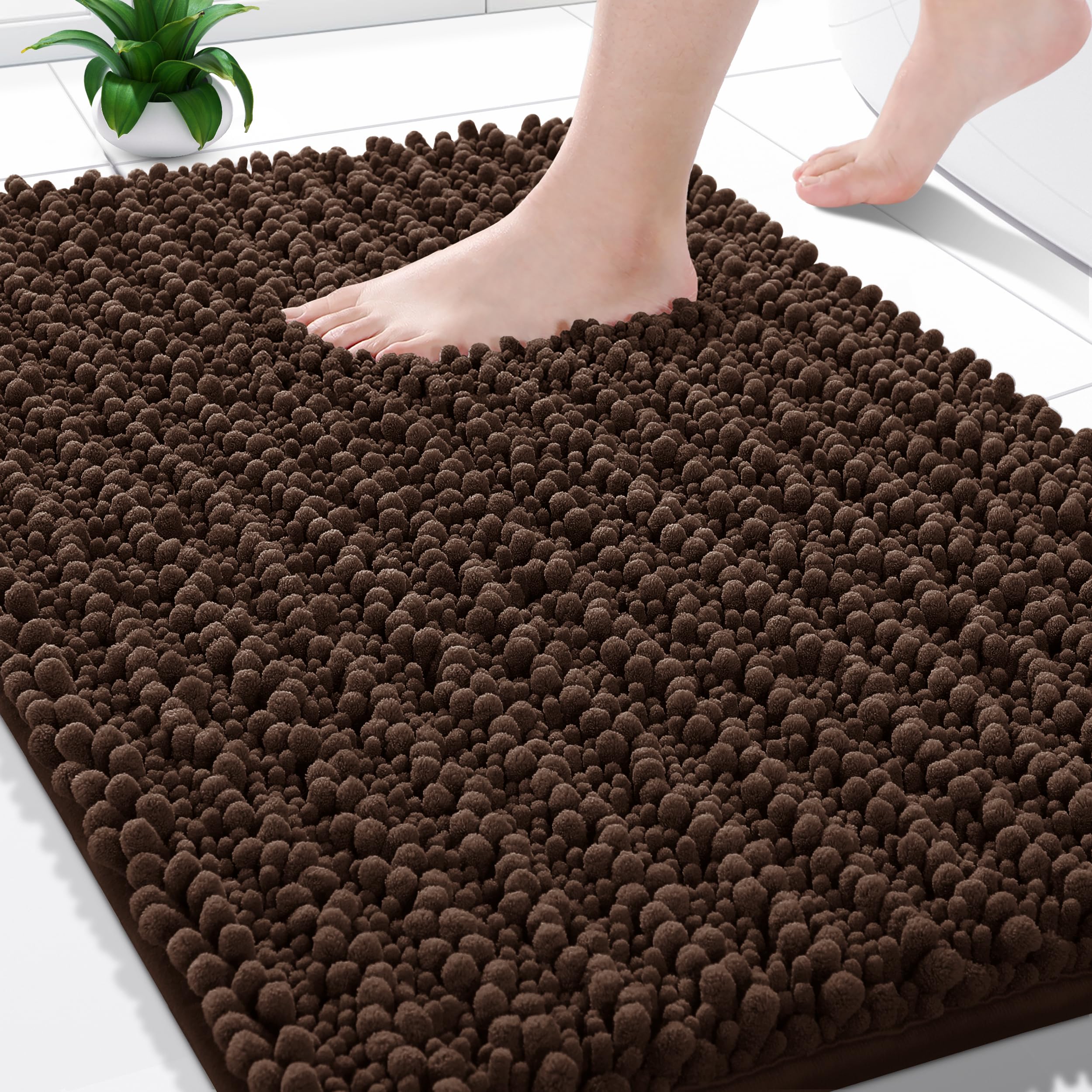 Chenille Luxury Shaggy Rectangular Bath Mat,Soft And Cozy,Super Absorbent Water,Non-Slip,Machine-Washable,Thick Modern For Bathroom Bedroom(24 X 17 Inch,Brown)