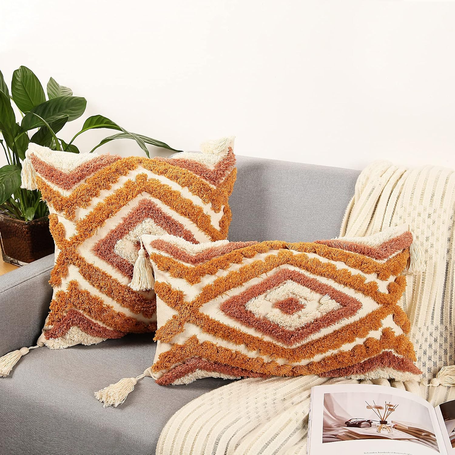 Merrycolor Boho Lumbar Throw Pillow Cover 12x20 inch,Bohemian Tufted Decorative Pillow Covers with Tassels for Couch Sofa Bedroom Living Room - Image 4