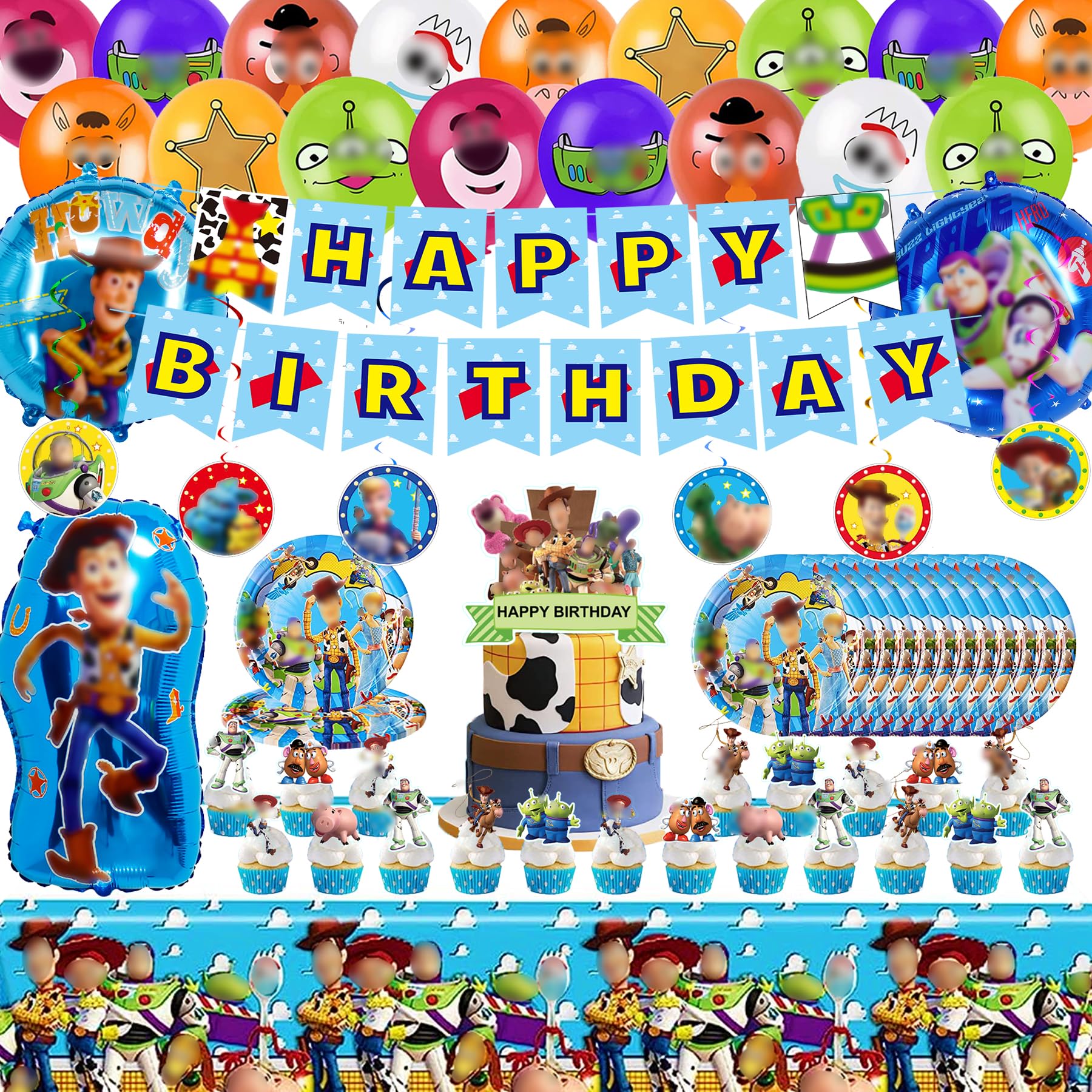 Toy Cartoon Story Party Supplies Birthday Decorations- Cartoon Anime Birthday Party Supplies Include Banner, Tablecover, Cake Topper, Cupcake Topper, Plates, Balloons, Birthday Party Supplies for 2nd 4th Boys and Girl
