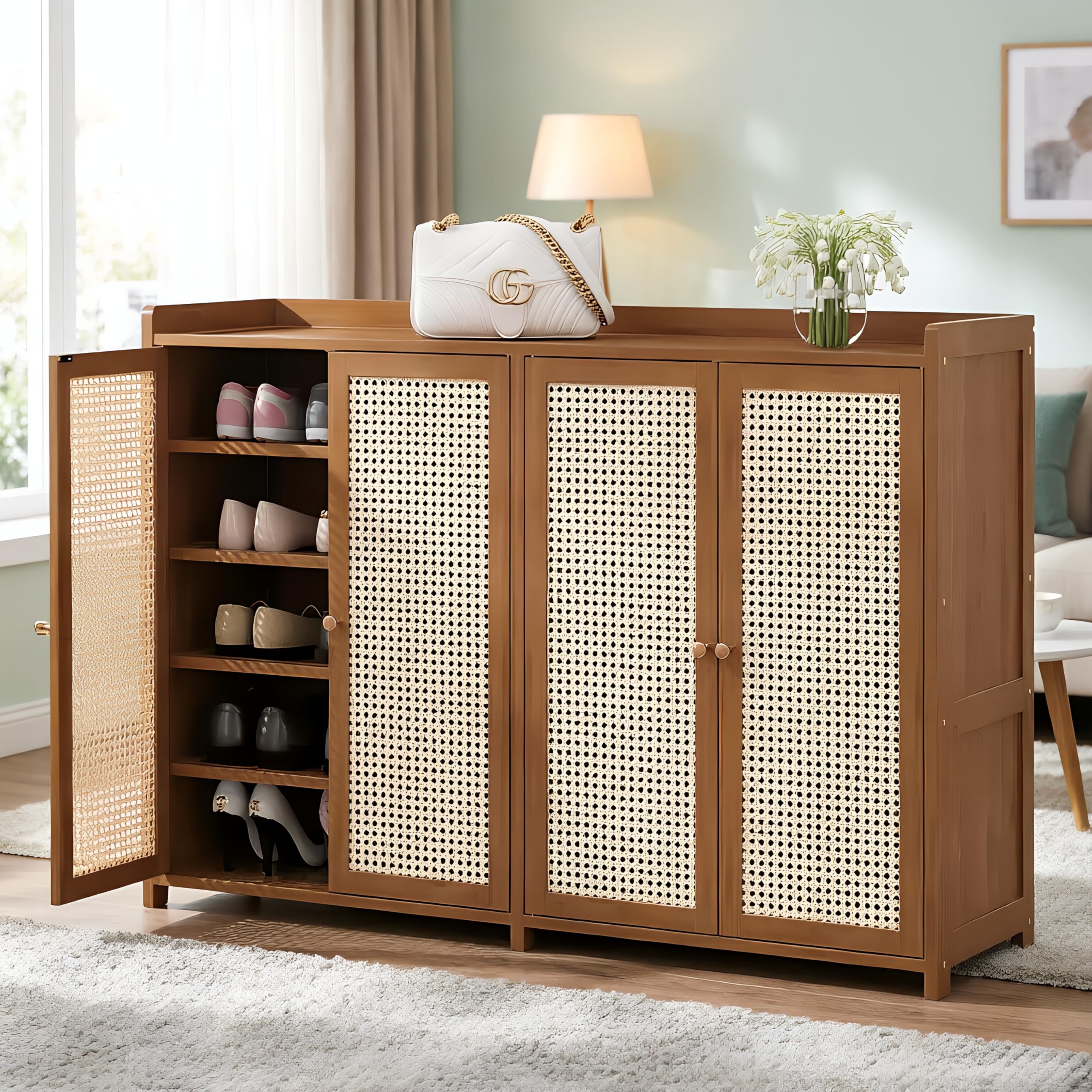 Warmiehomy Bamboo Shoe Cabinet with Doors, 6-Tier Shoe Cabinets Storage for Hallway, Freestanding Shoe Cupboard for Entryway, Living Room, Gateway, 118cm*32cm*83cm, Brown
