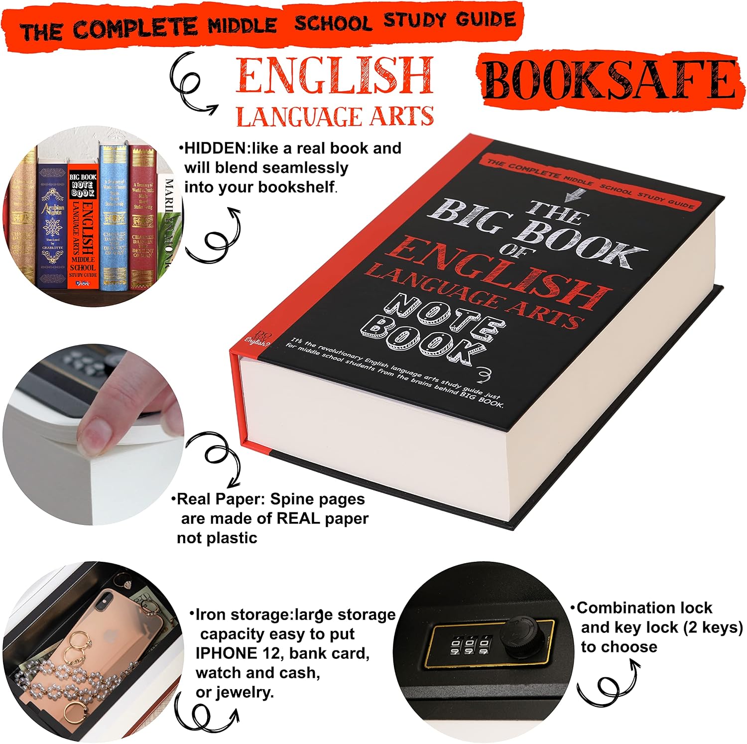 English Arts Book Safe Storage Box with Real Pages Key Lock Box Money Safe Book Storage Lock Boxes for Personal Items Large Capacity Diversion Safes Hold Phone,Cash image 4