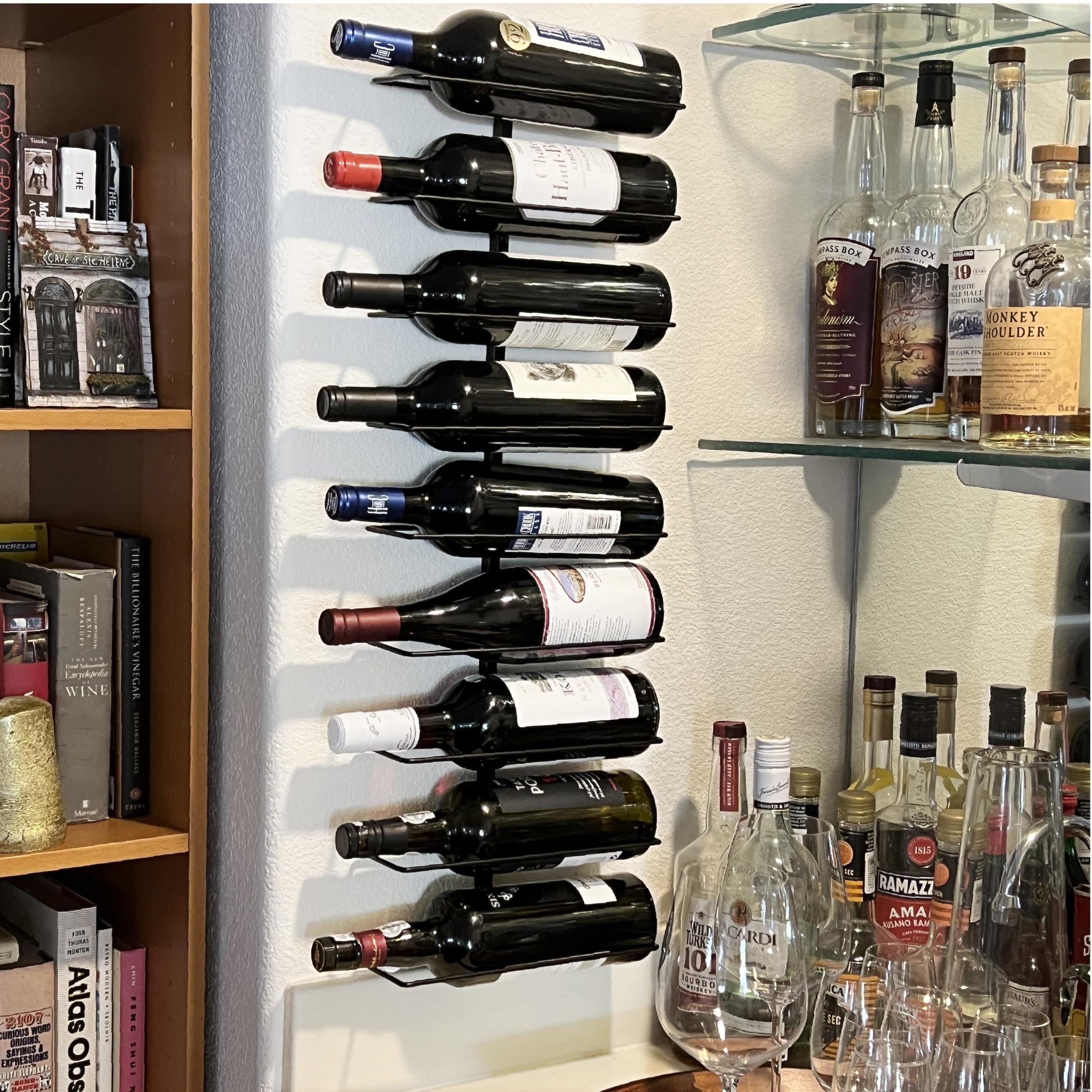 Lily's Home Black Metal Wine Rack Wall Mount - 9 Bottle Capacity Holds Wine Bottles, Liquor, Champagne, Towels and More - Made Steel (1)