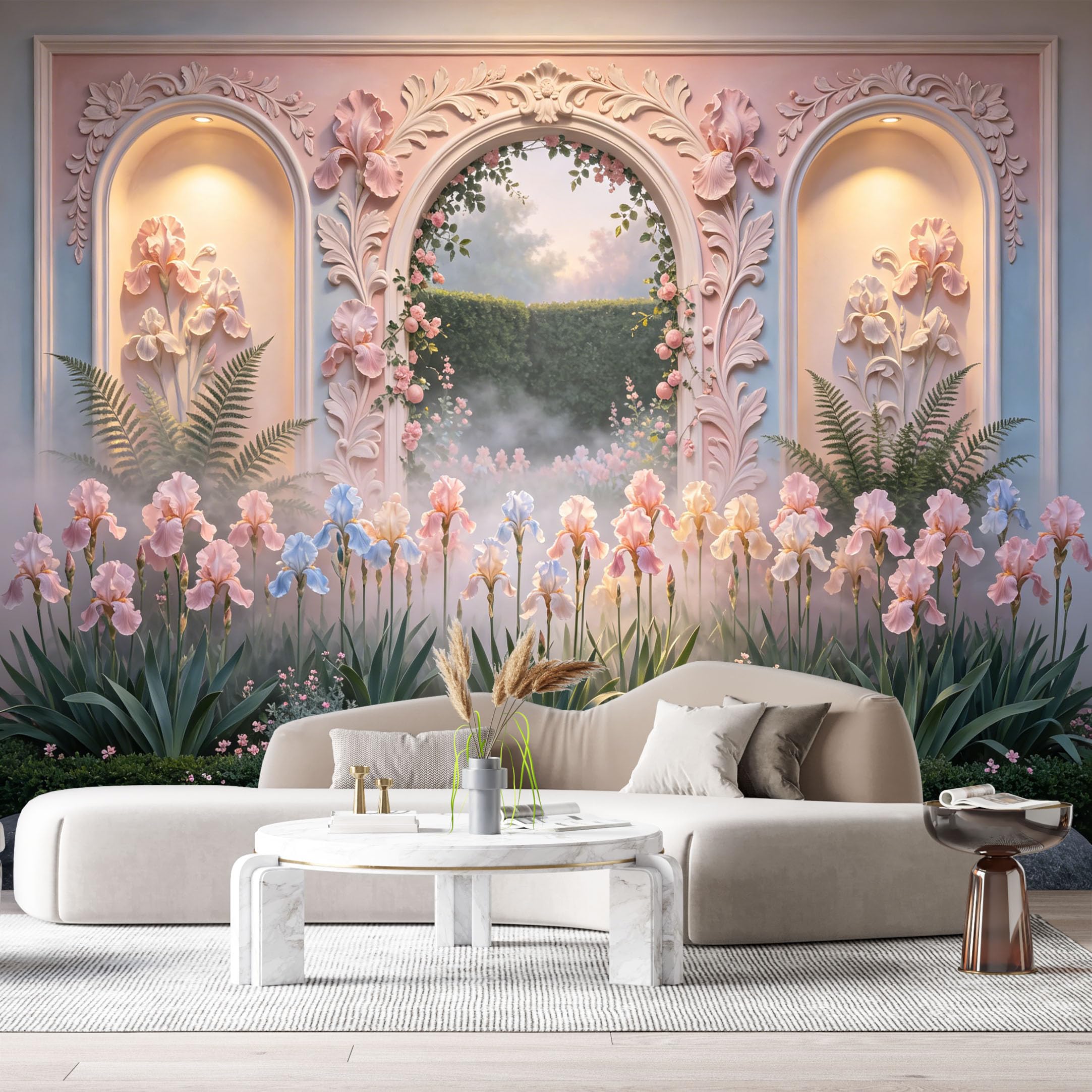 Custom Size Wall Murals Pink Iris Flower Archway Botanical Garden 3D Trompe L'Oeil SelfAdhesiveWall Fabric Removable Wallpaper Wall Decor for Living Room Bedroom Bathroom