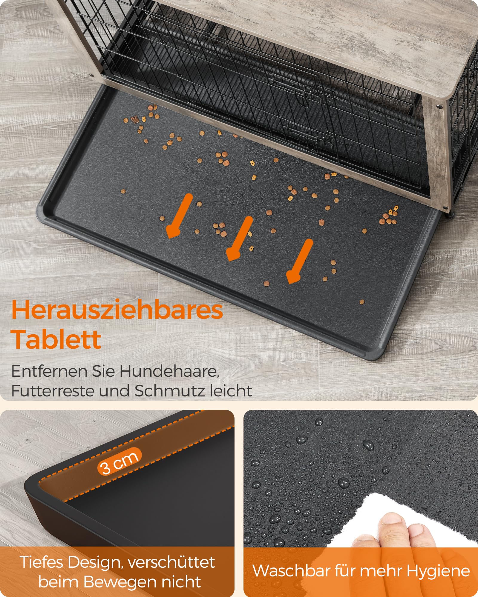 Feandrea Hundekäfig Möbel, Beistelltisch, Hundebox, Moderne Hundehütte Indoor für Hunde bis zu 36 kg, hochbelastbar, Hundehaus für Zuhause, herausnehmbares Tablett, 2 Türen, Greige PFC004G01