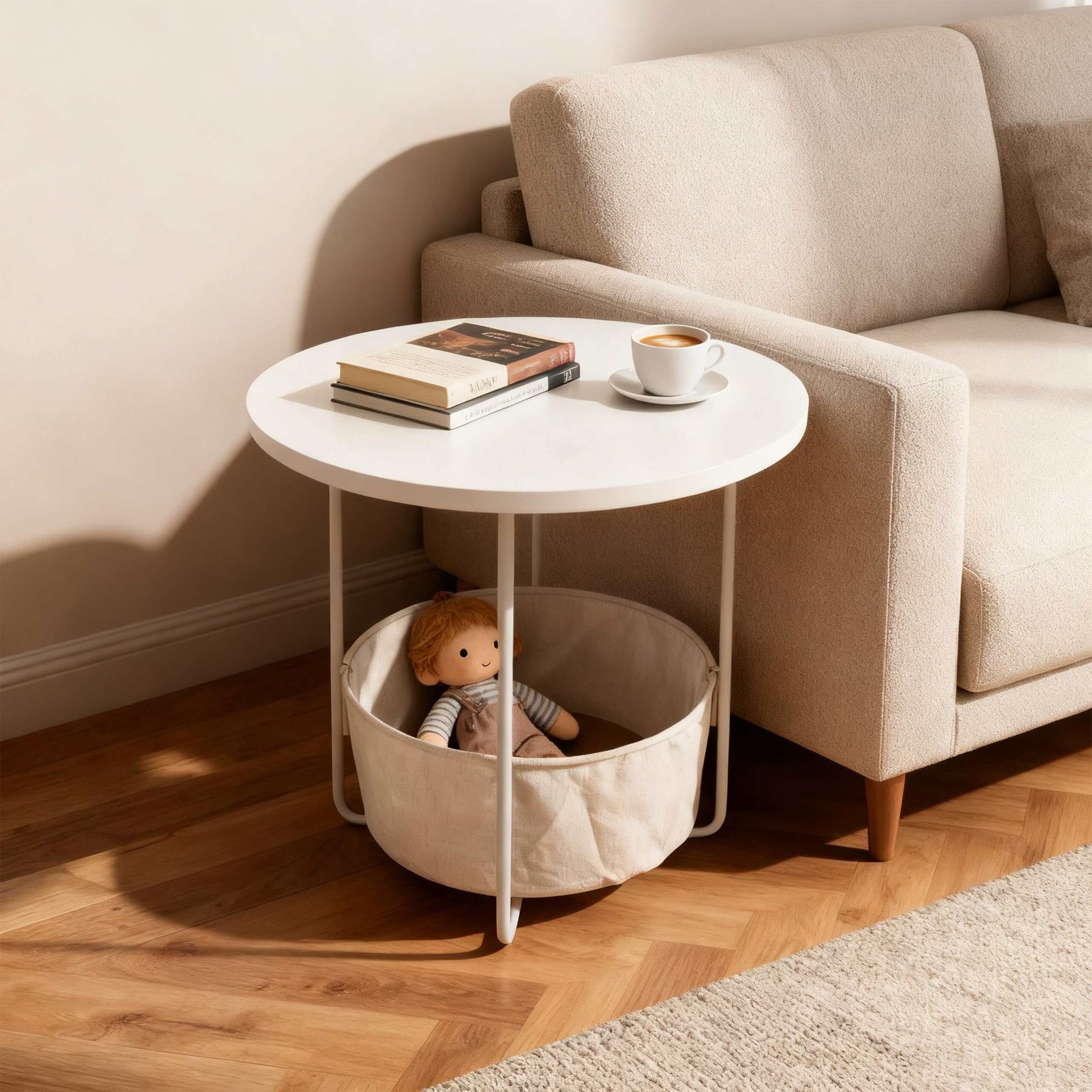 Relaxdays Mesa Auxiliar Redonda con Cesta de Tela, MDF y Metal, Beige-Crema, 50 x 45 cm