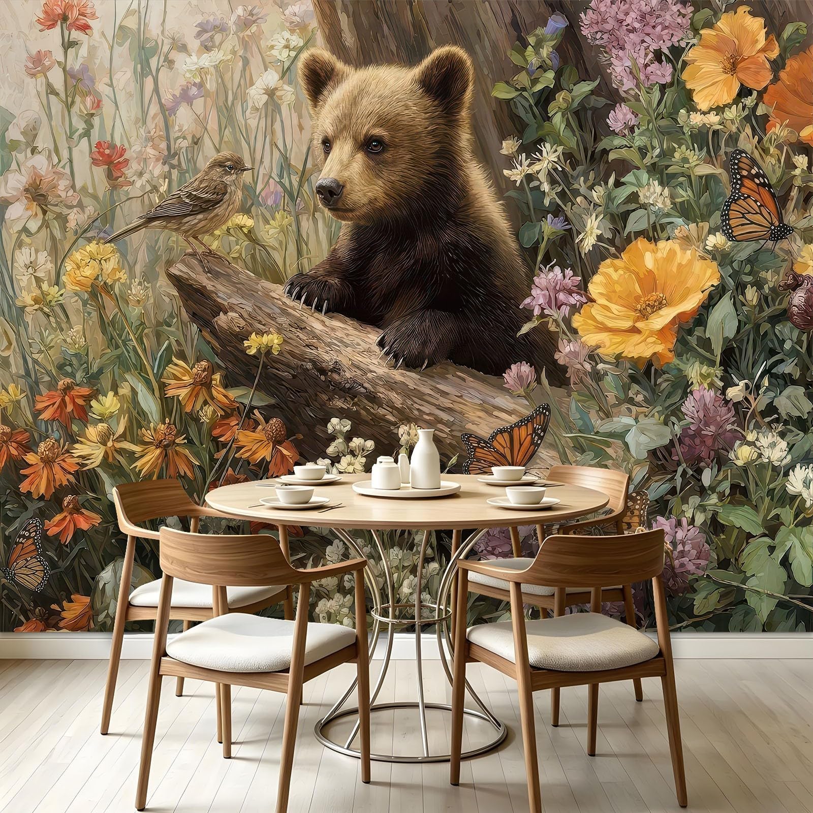 Générique Panoramiczna tapeta, kwiat zwierzęcy niedźwiedź 250 x 175 cm plakat 3D ogromny mural - naturalny las tapeta do salonu, pokoju dziecięcego dla dorosłych i gabinetu dekoracja restauracji