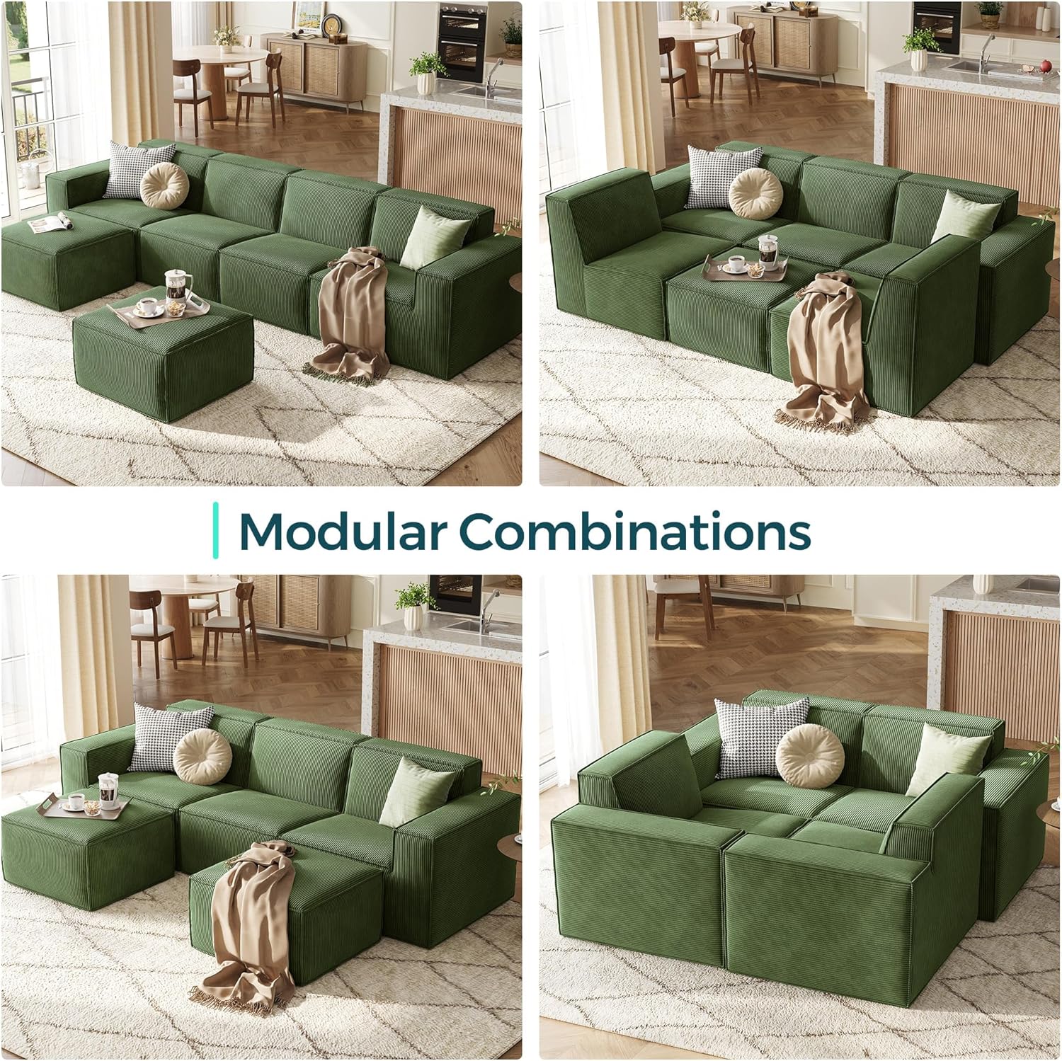 LINSY HOME Modular Sectional Sofa, 134" Boneless Couch L Shaped 4-Seat Sofa with Movable Ottoman, Corduroy Sectional Cloud Couches for Living Room, No Assembly Required, Green