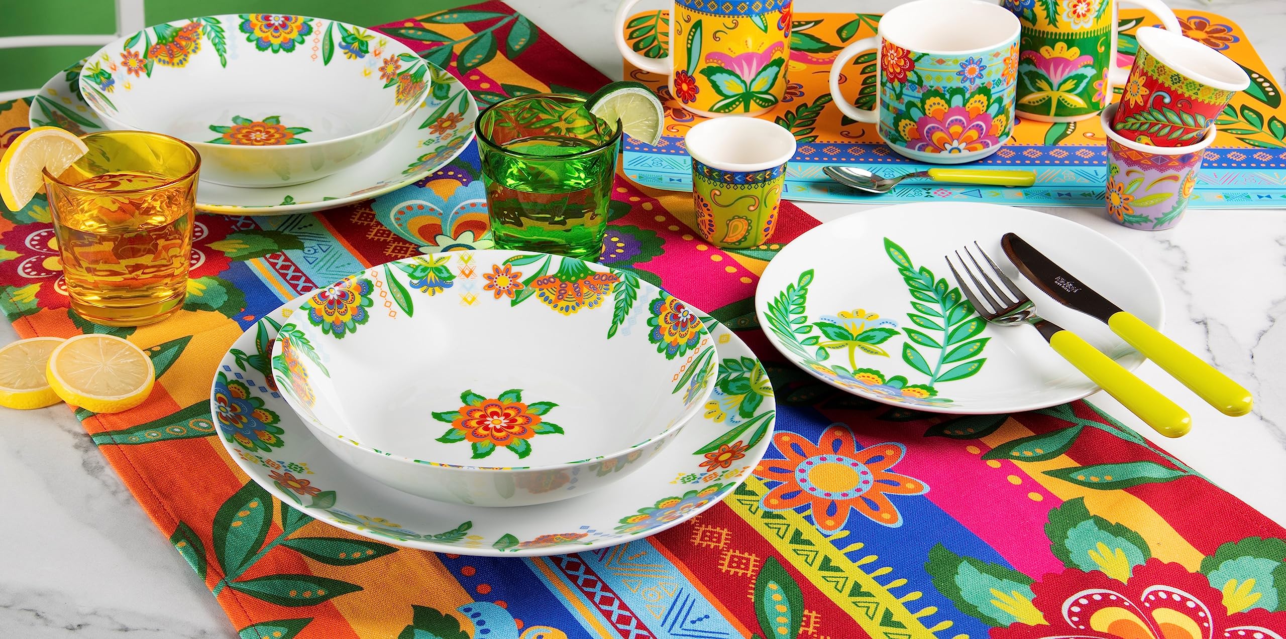 Excelsa Mexican Flowers Tellerservice, 18-teilig, Porzellan und Steinzeug, buntes Dekor, für 6 Personen