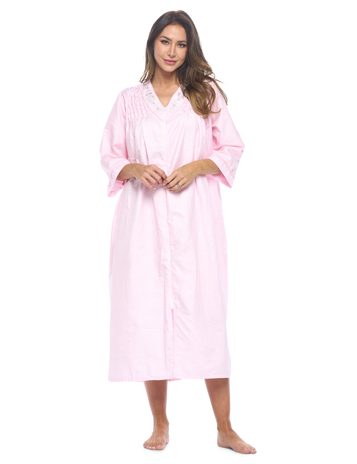Casual Nights Women's Zip Front Seersucker House Dress 3/4 Sleeves