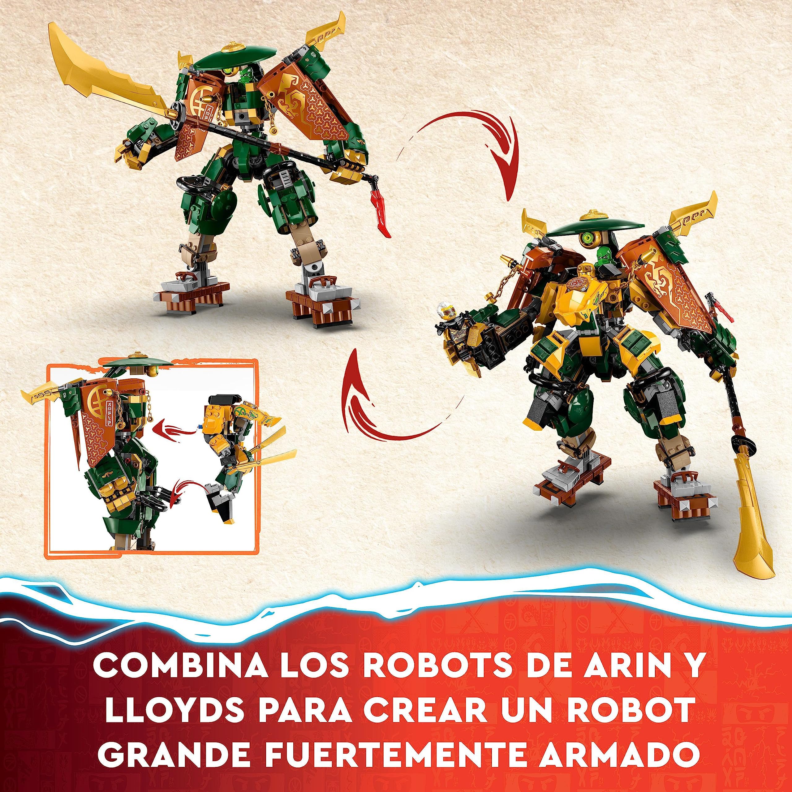LEGO Ninjago Mechs del Equipo Ninja de Lloyd y Arin con 2 Figuras de Acción Combinables y 5 Minifiguras, Juego de Combate de Ninjas para Niños y Niñas 71794