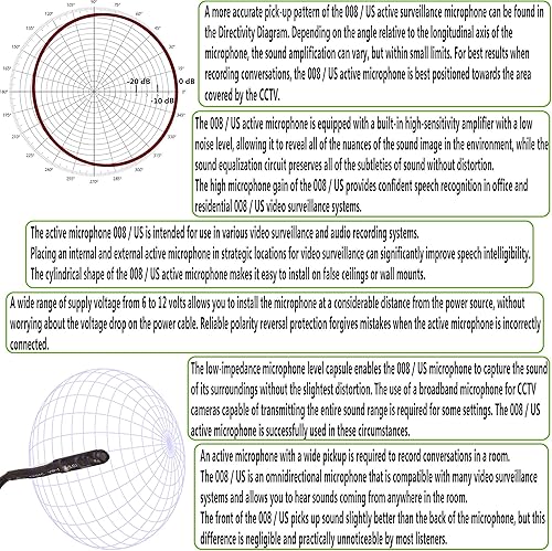 Miniatura 5 de Micrófono CCTV con preamplificador, salida de audio RCA, 12 V CC, ganancia ajustable, para cámaras DVRNVR e IP (paquete de 3)