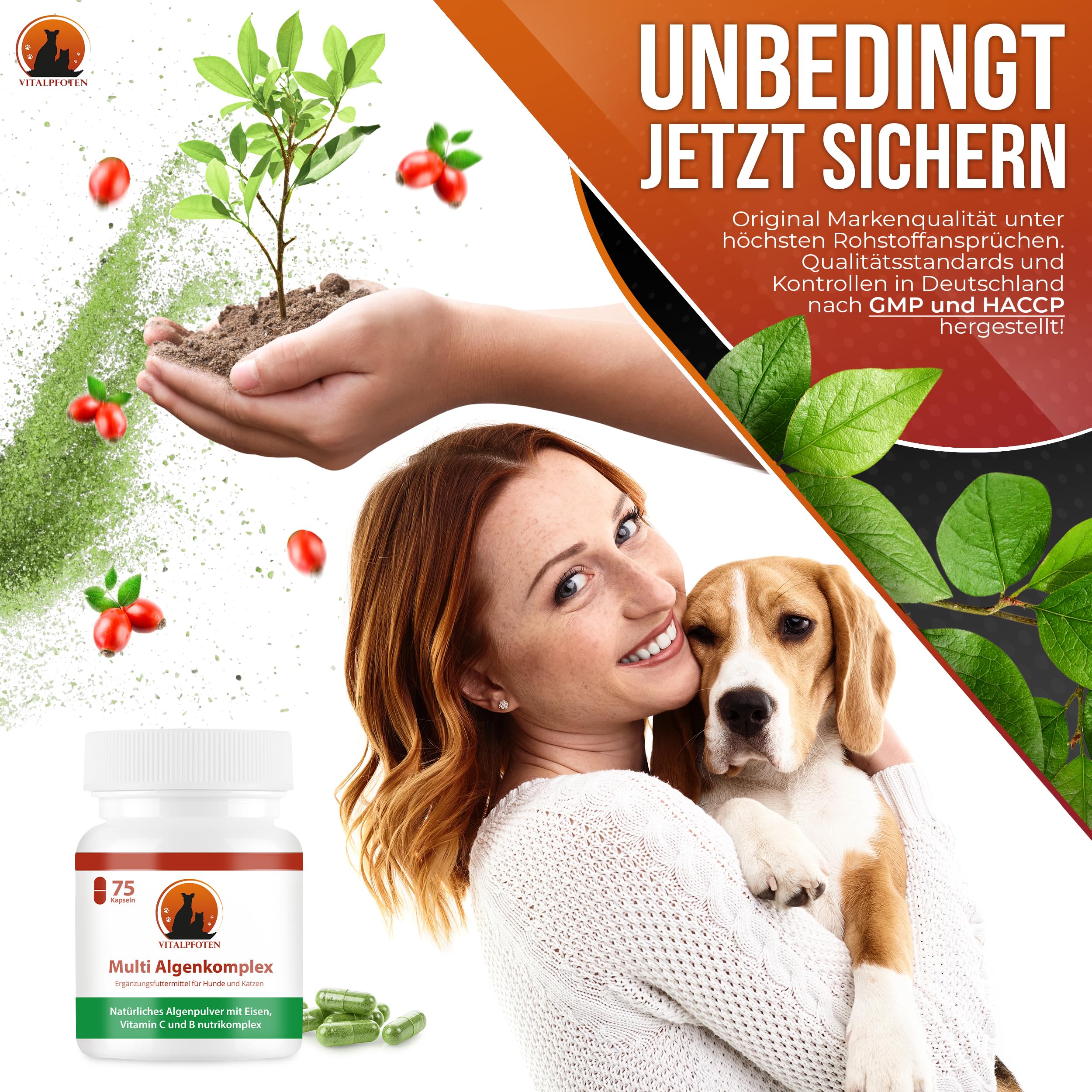 3x75 Multi Algenkomplex Kapseln für Hunde und Katzen mit Chlorella, Spirulina, Grünlippmuschel, Eisen, Vitamin C & Vitamin B nutrikomplex - Energie & Nerven - Vitamin-B und Eisentabletten