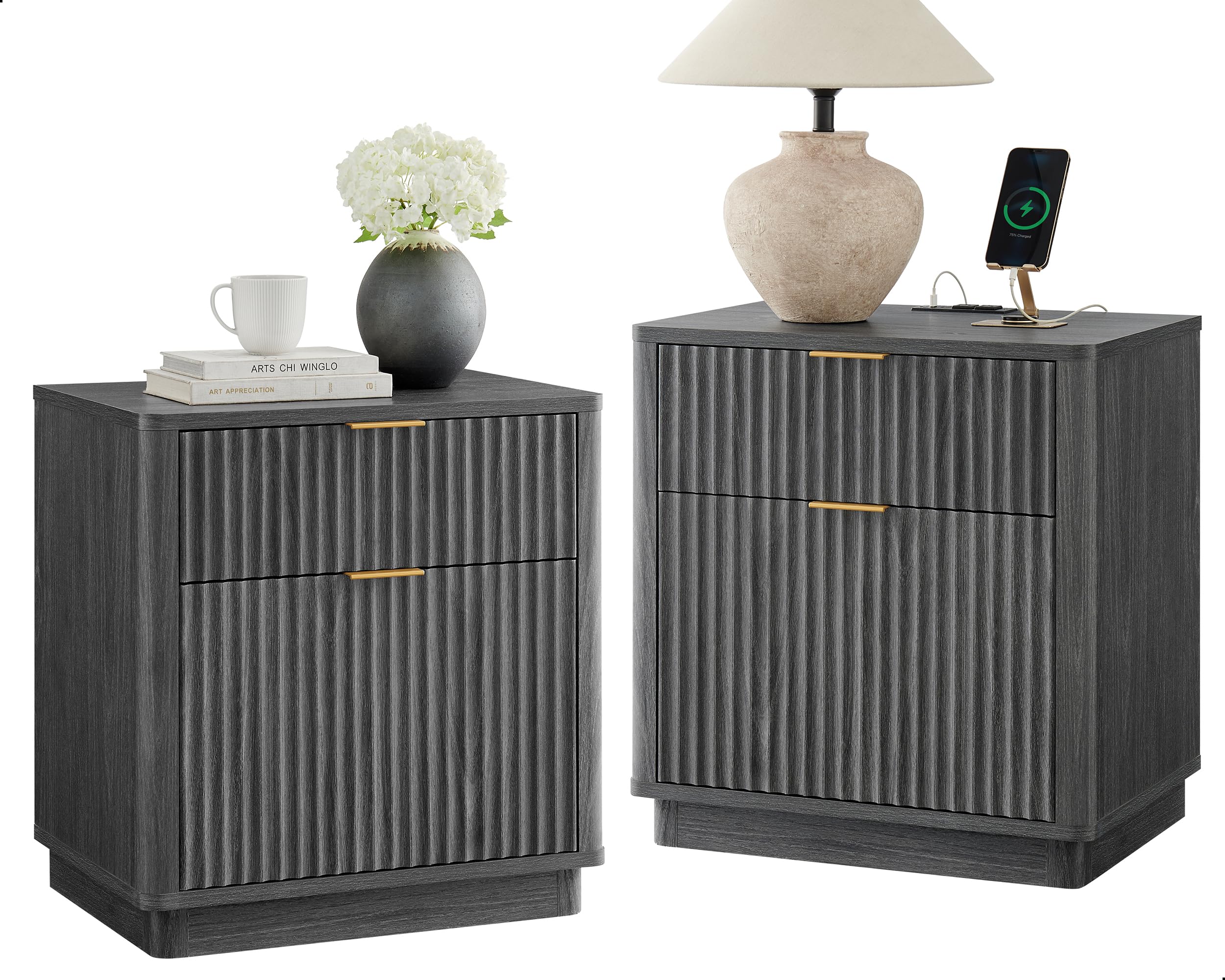 T4TREAM 23'' Fluted Nightstand Set of 2 with Charging Station, Large 2 Drawer Side Table, Modern End Table with Storage, Mid Century Bedside Table for Bedroom, Living Room, Curved Profile, Dark Alder