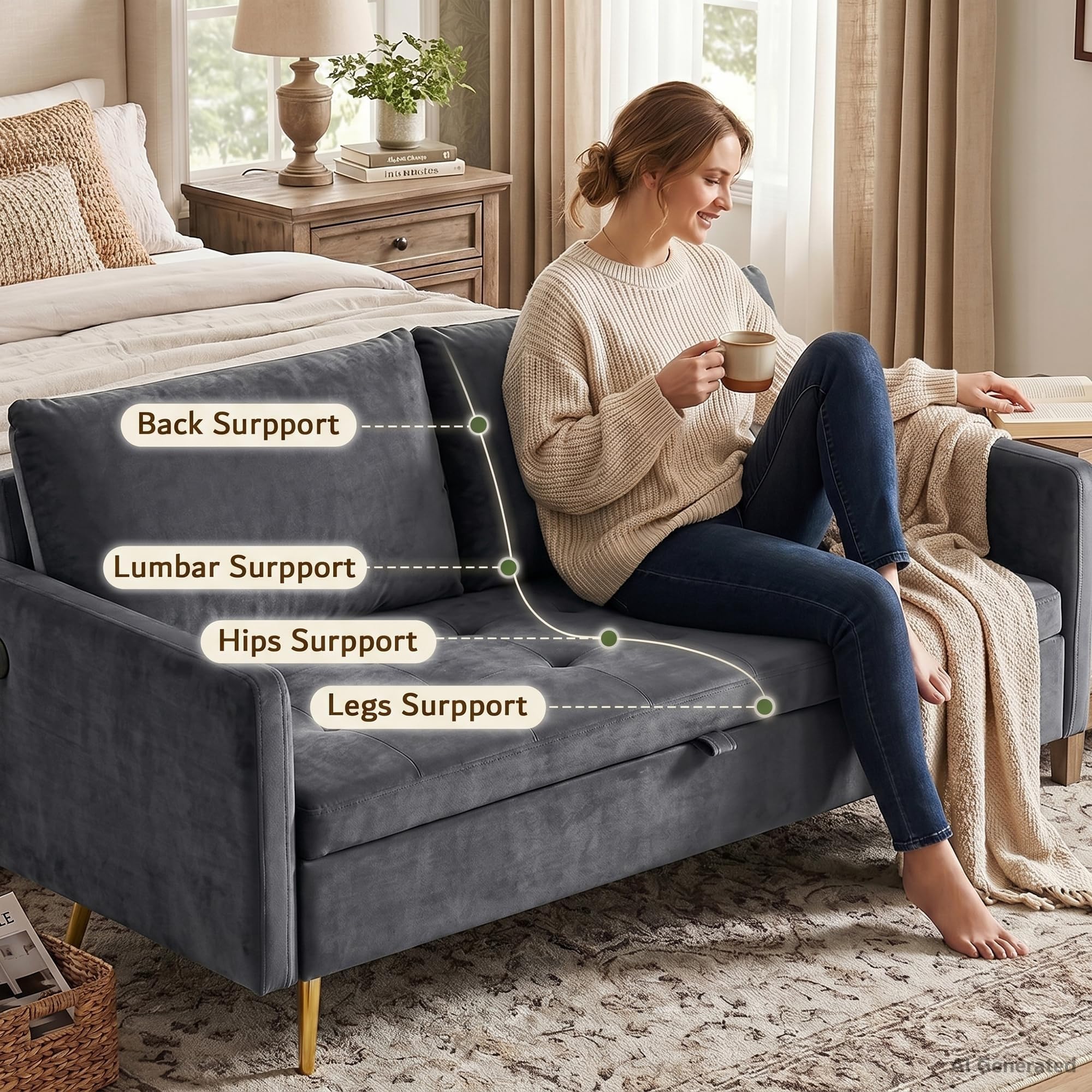 LINLUX Mid Century Modern 60-inch Grey Loveseat Storage Sofa product photo