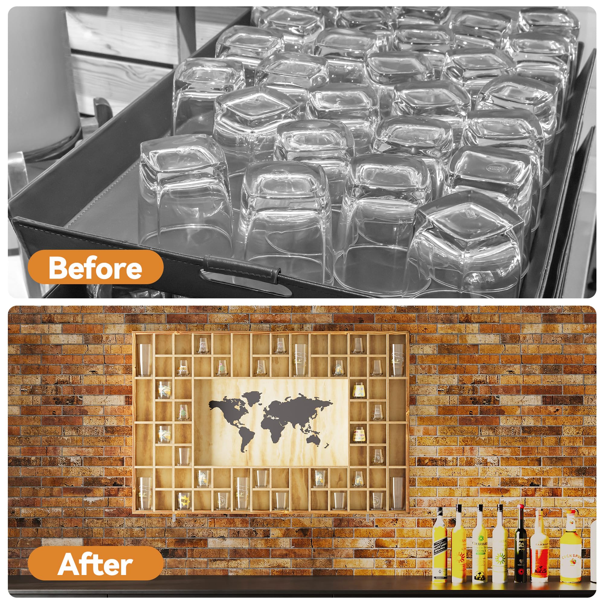 68 große Weltkarte Schnapsglas Vitrine Rustikaler Schnapsglashalter 94 x 62 cm braunes Holzregal für 2 verschiedene Größen Brillenregal Wandhalterung Aufbewahrungsschrank für Bar Zuhause Küche