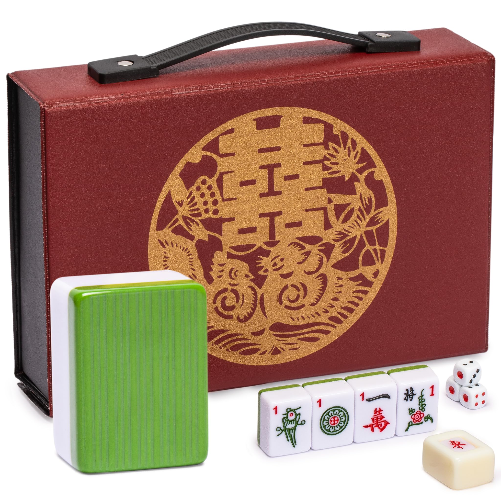 Yellow Mountain Imports Chinesisches Mahjong-Set „Bambus-Oase mit 146 kleinen Spielsteinen und roter Vinyltasche — nur für chinesisches Spiel [「竹林綠洲」中國麻將]