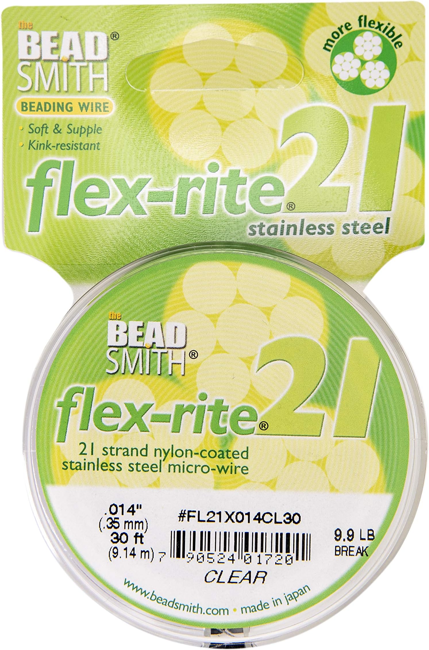 Flex-Rite 21 Strand Nylon Coated, Stainless-Steel Beading Wire, Jewelry Making Supply (.014 Dia, Clear - 30 Ft)