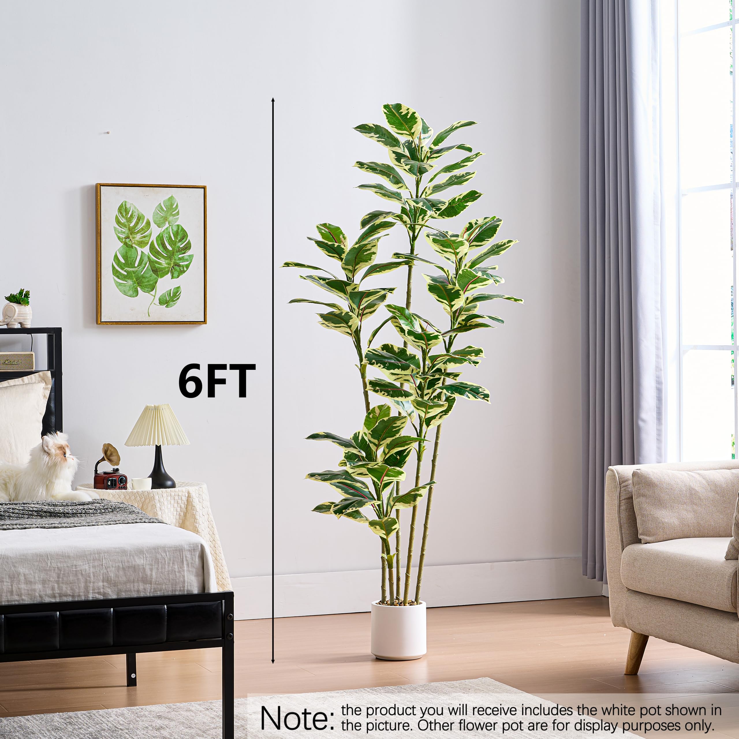 Künstliche Gummibaumpflanze, 180cm Kunstpflanzen Groß mit Weißen Topf | Künstliche Pflanzen Wie Echt, Zimmerpflanze Kunstbaum, Hohe Plastic Ficus für Wohnzimmer Schlafzimmer Büro Balkony Deko