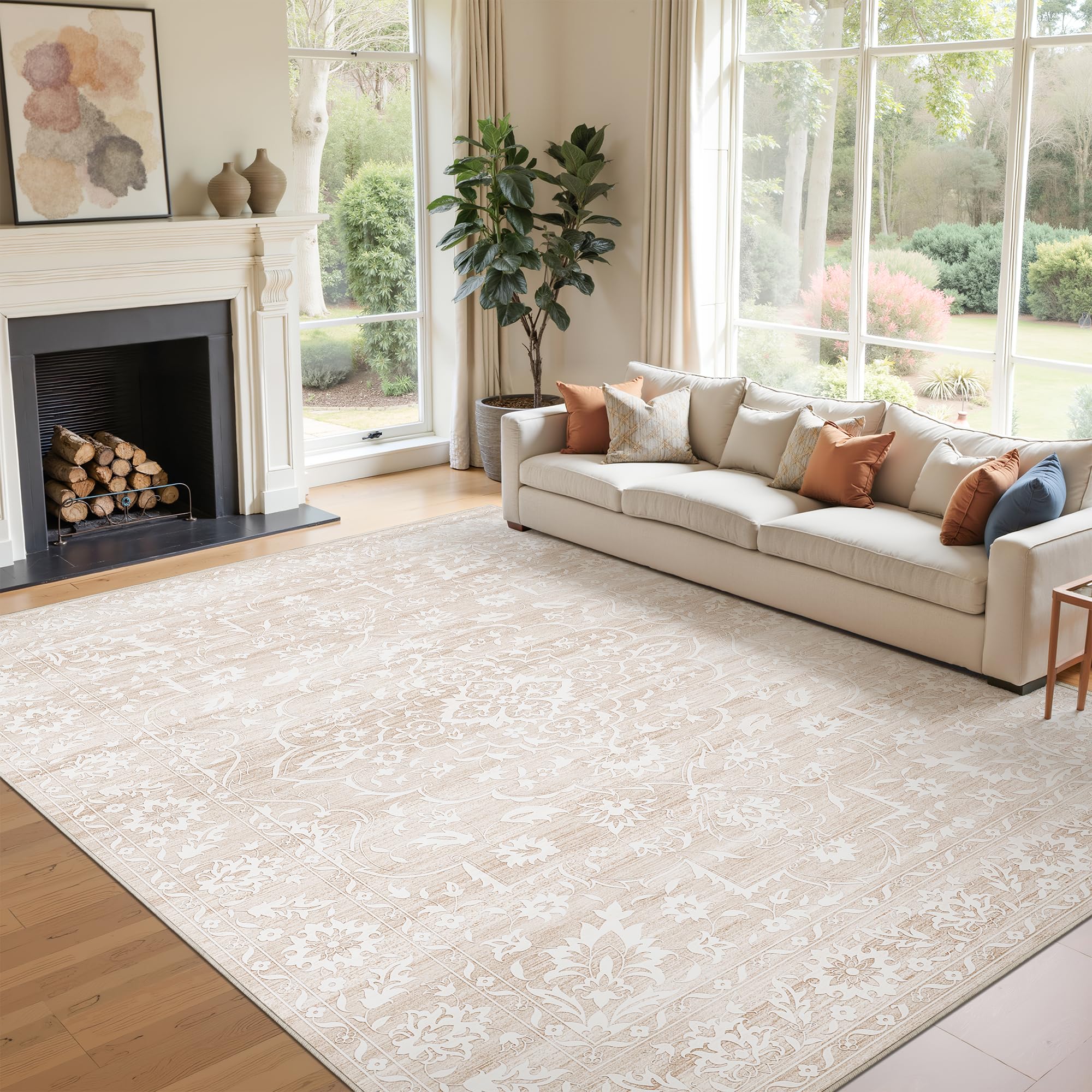 Soalmost 6x9 Area Rugs for Living Room, Neutral Washable Rugs for Bedroom, Floral Vintage Non-Slip Soft Throw Carpet for Dining Room Farmhouse (Beige,