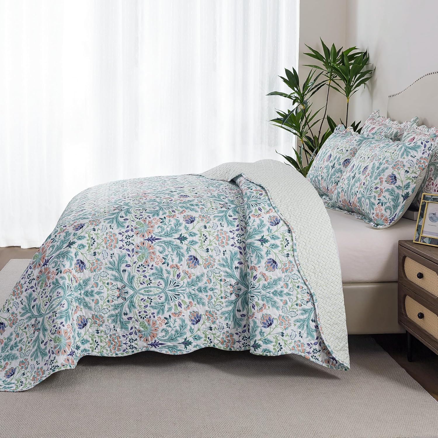 HoneiLife Queen Quilt Bedding Sets - Microfiber Quilt Sets for Queen Bed, 3-Piece Lightweight Bedspreads,Reversible Coverlets Rustic Bed Cover, Floral Bedding Sets for All Season Use