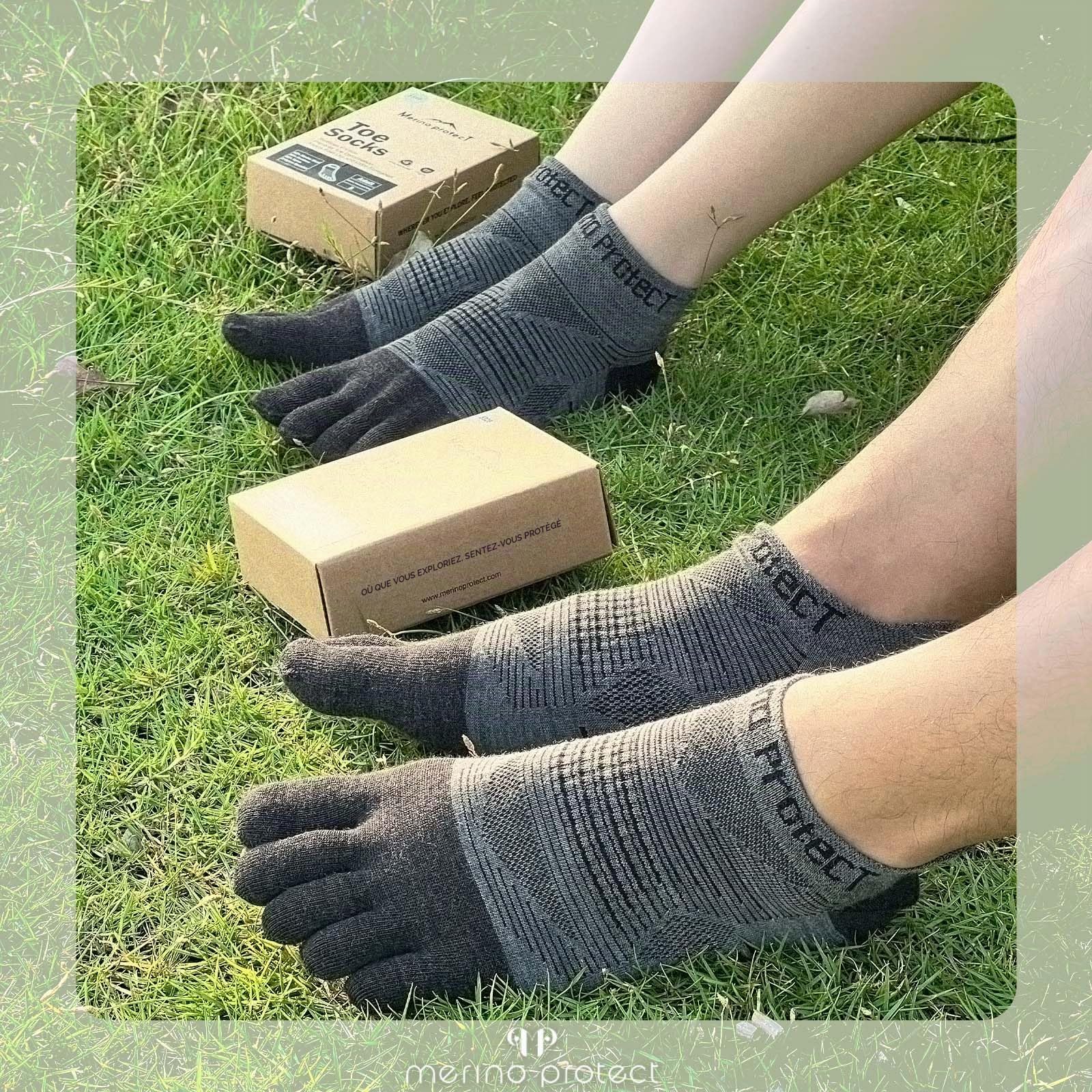 Merino Protect Chaussettes à cinq orteils en laine mérinos pour homme et femme - Chaussettes légères Coolmax à coupe basse pour la randonnée
