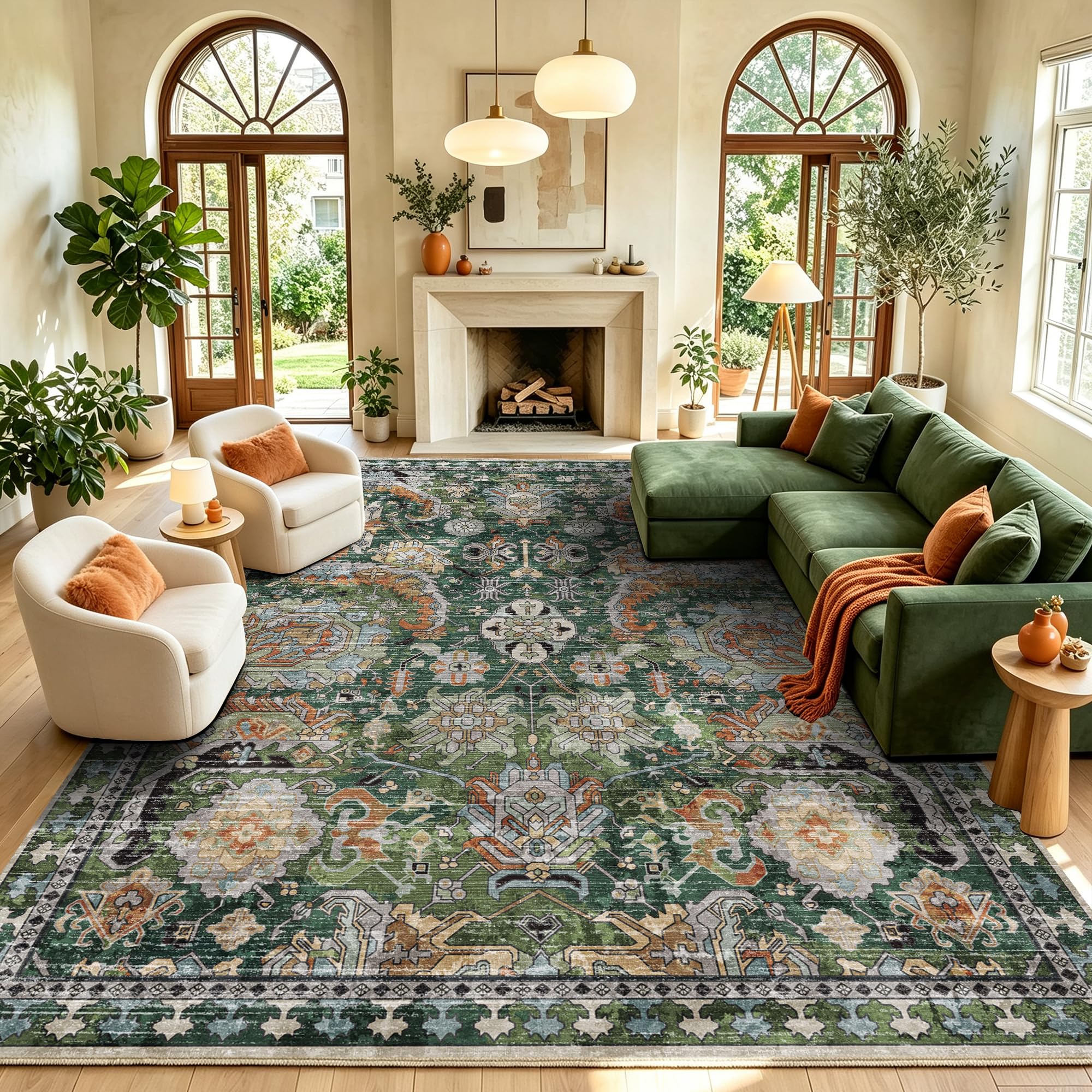Photo 1 of RUGSURE Washable Area Rug, 8' x 10', Green, Vintage Tribal