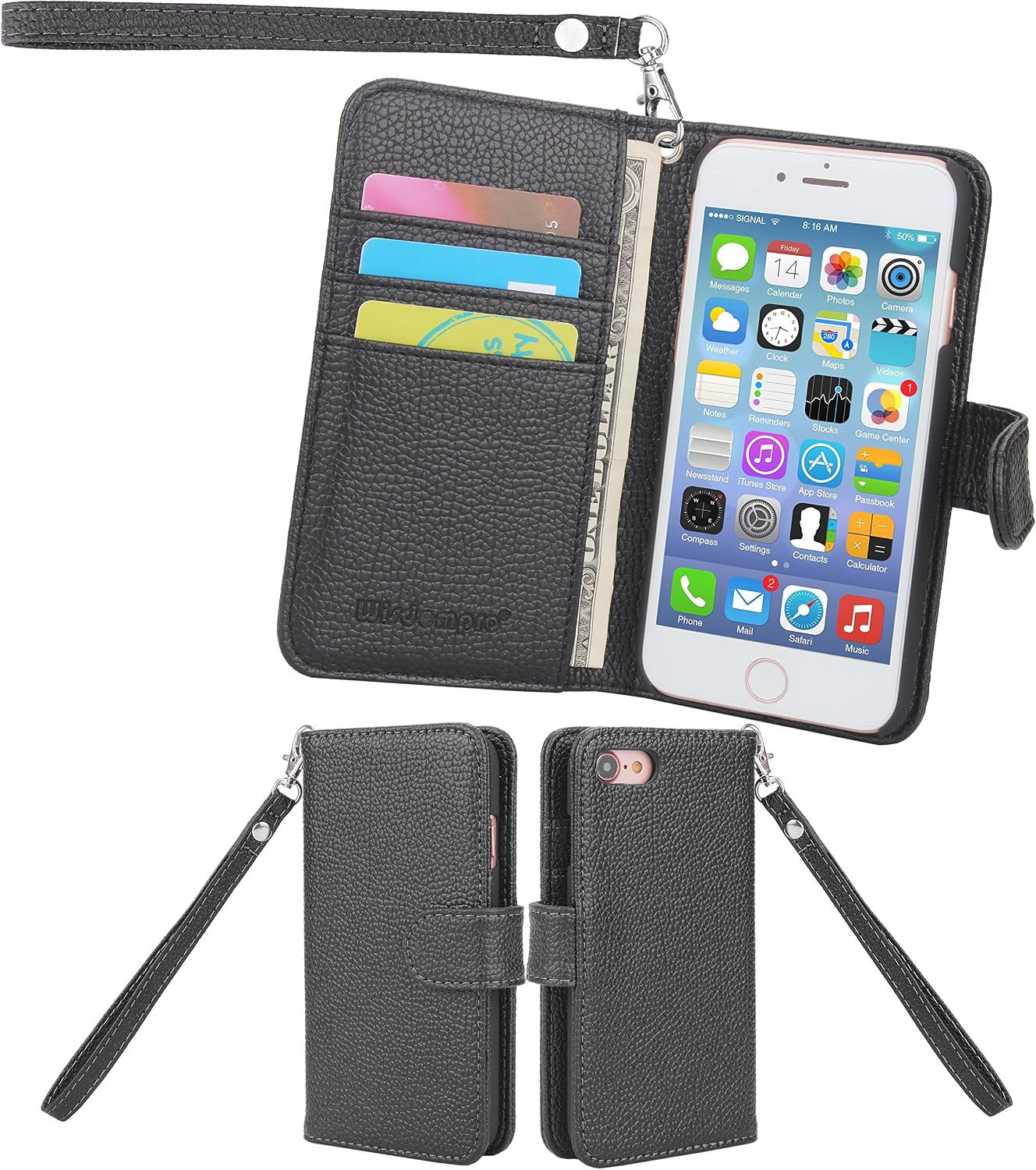 Wisdompro Wallet Case for iPhone SE 2022/2020, for iPhone 8, for iPhone 7, PU Leather Protective Folio Flip Phone Case Cover with Wrist Lanyard, Card Holder for iPhone SE 3rd Gen/2nd Gen/8/7 - Black