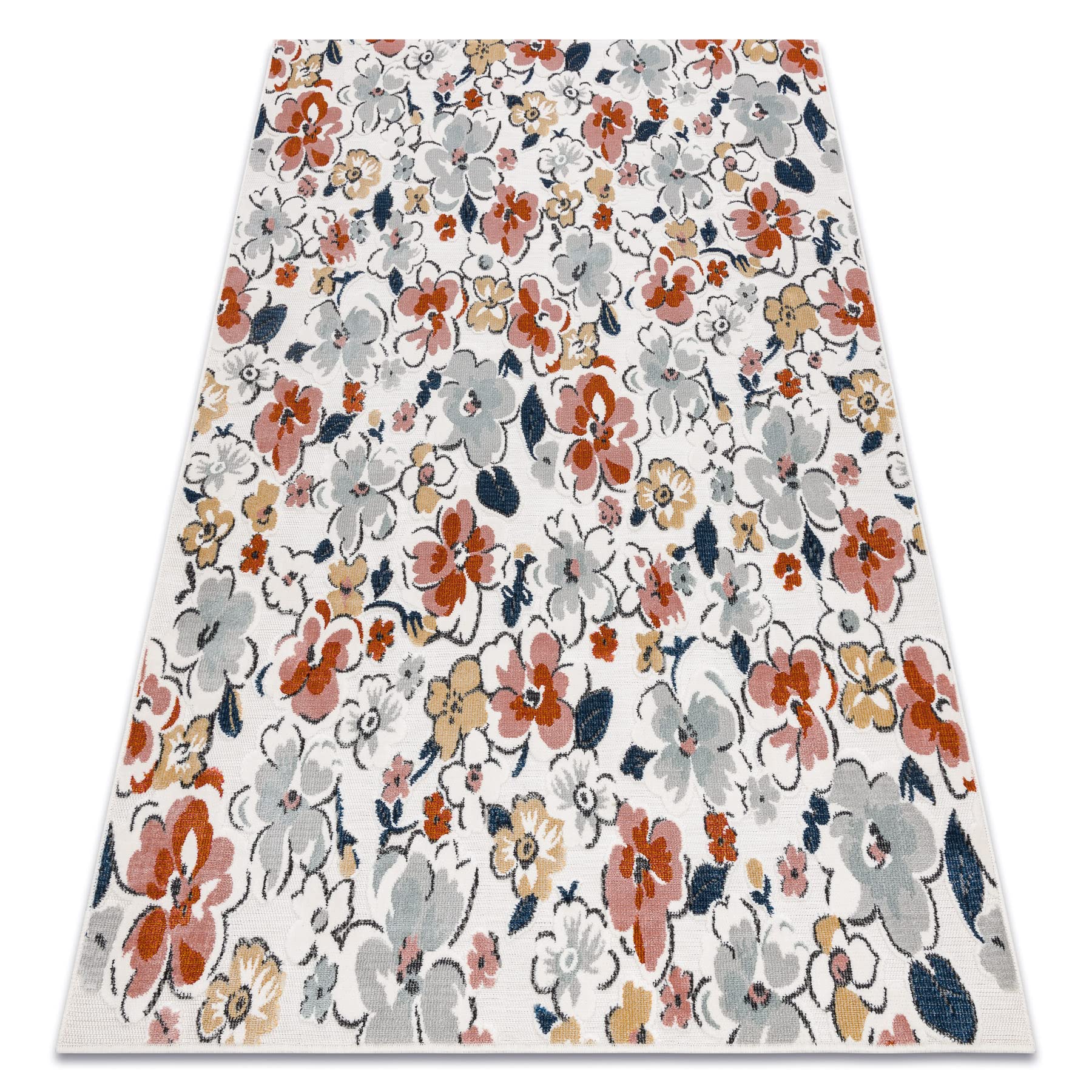 Tapis structurel Botanic fleurs écru au tissage à plat résistant 157x220