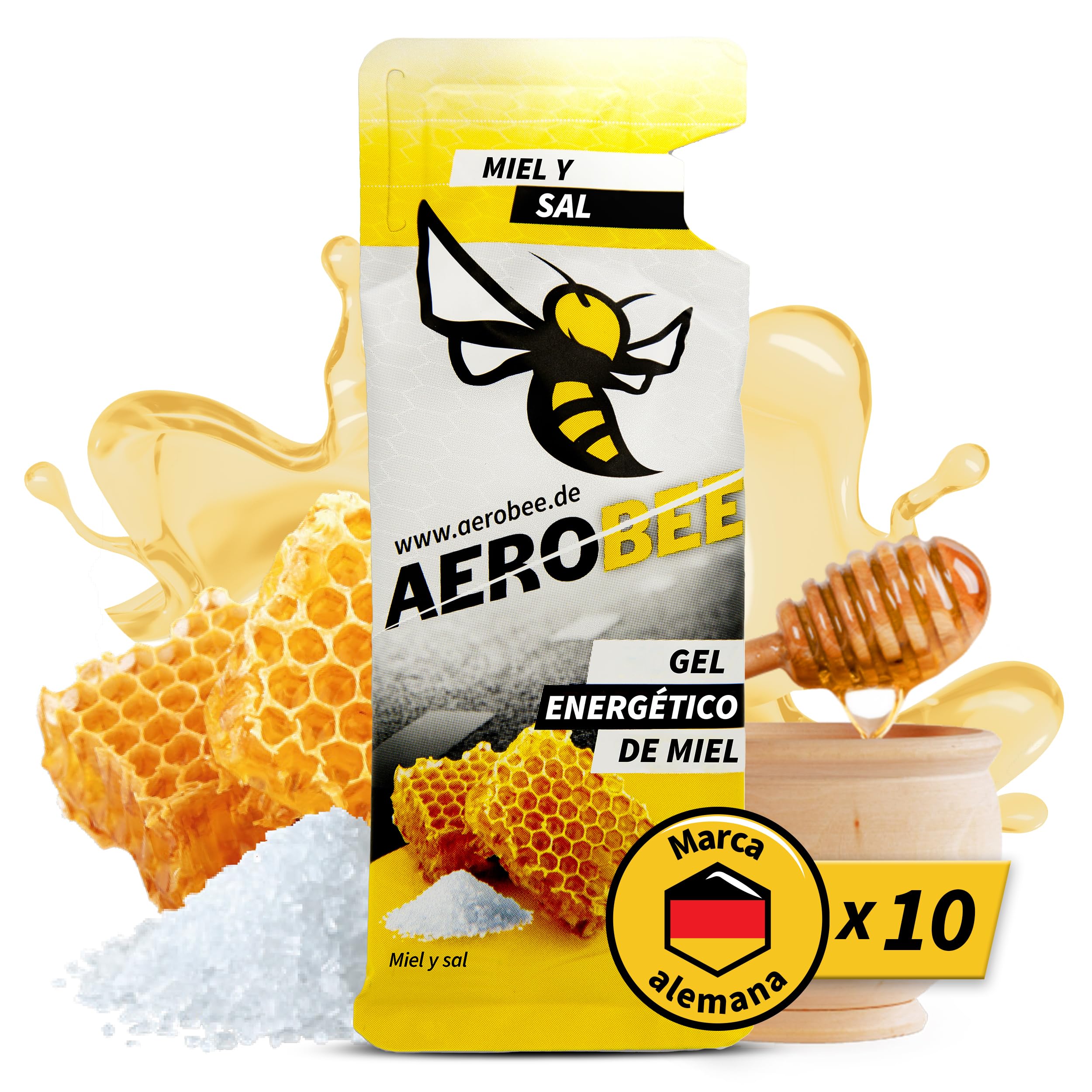 AEROBEE Energy Gel Classic - Sabor a Miel y Sal 10x26g [Energético 100% natural de miel] Gel deportivo para ciclismo, running, maratón, y deportes de resistencia. Suplementos deportivos