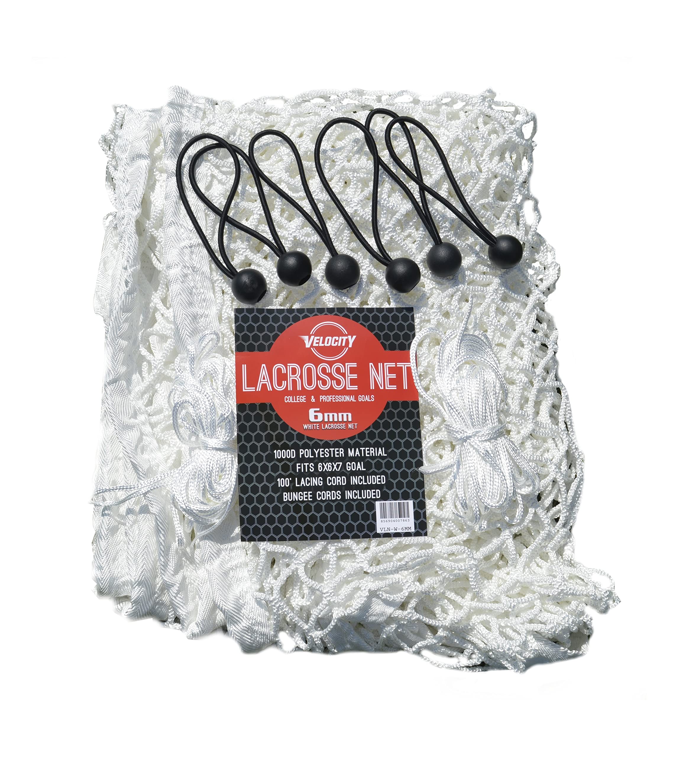 Velocity Heavy Duty Black &amp; White Lacrosse Net - Fits 6’x6’x7’ Goals - Weatherproof, UV Resistant 1000D High-Strength Polyester - Comes with 100+ Feet of Lacing Cord and 4 Quick Ties