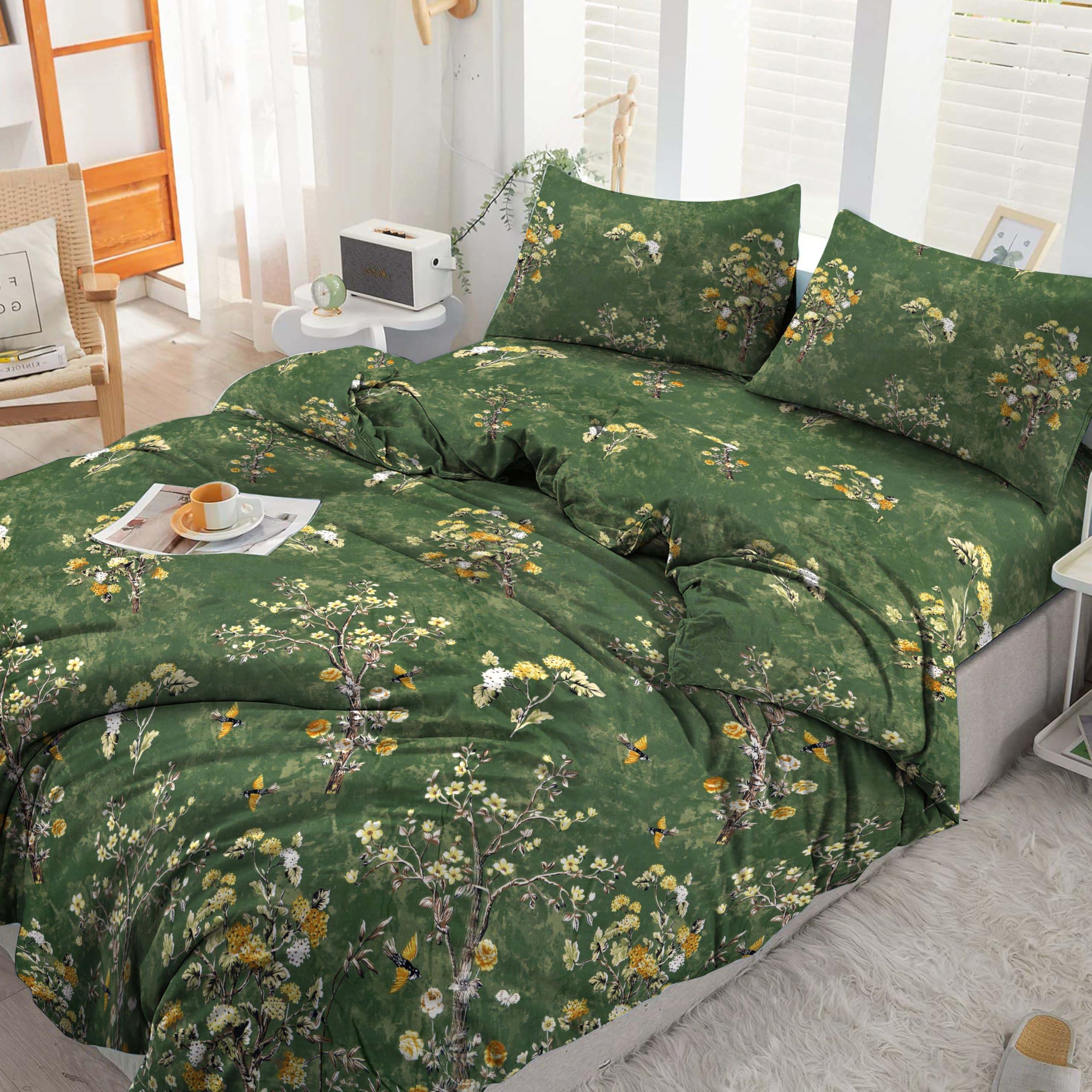 Cotton Comfort Bedding& Linen 3PCS Double Duvet Cover Set 100% Egyptian Cotton Bedding Double Bed Set 400 Thread Count Floral Printed Forest Bloom Duvet Cover Double with Pillow Cases 2 Pack